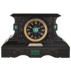 Used Malachite Inlaid Black Marble Plinth-Form Mantel Clock