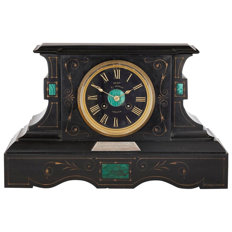 Malachite Inlaid Black Marble Plinth-Form Mantel Clock For Sale