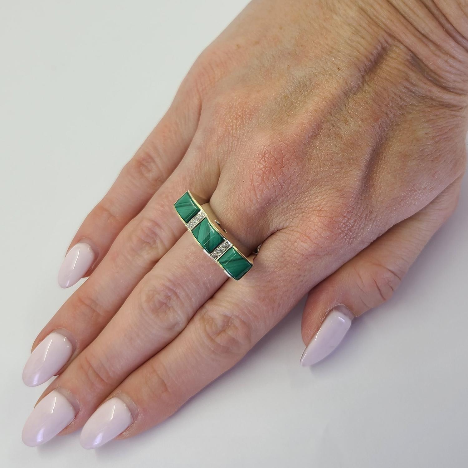 14 Karat Yellow Gold Ring Featuring 3 Malachite Inlays Accented By 6 Single Cut Diamonds of VS Clarity and H Color. Current Finger Size 8; Purchase Includes One Sizing Service Prior to Shipping Upon Request. Finished Weight Is 10 Grams.