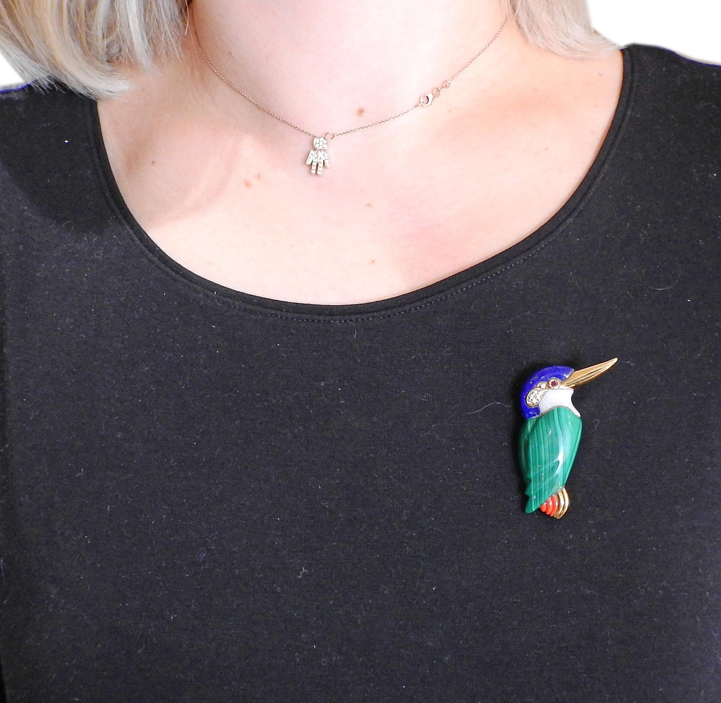 Malachite Lapis Coral Diamond Ruby Gold Bird Brooch In Excellent Condition In New York, NY