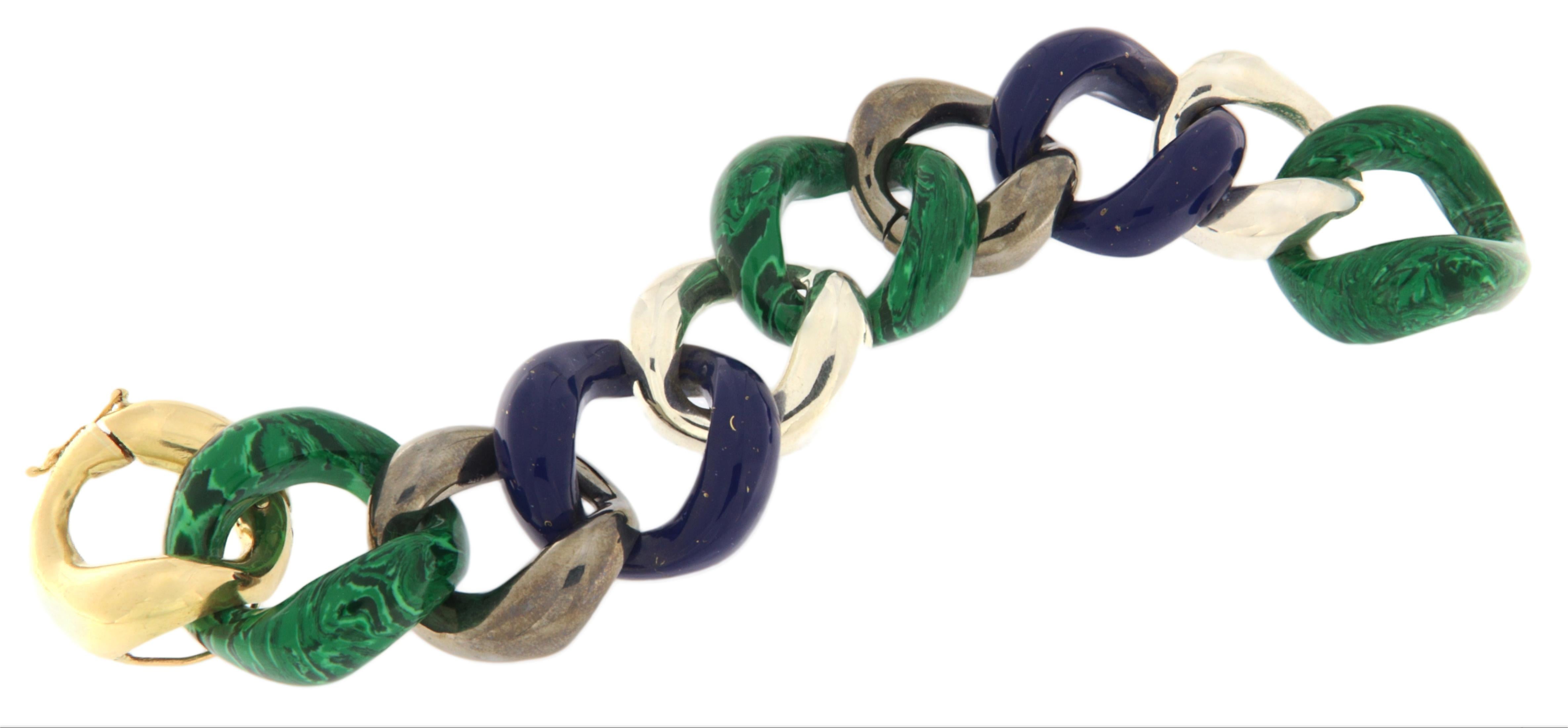 Artigiano Bracciale in malachite e lapislazzuli in oro giallo 18 carati in vendita