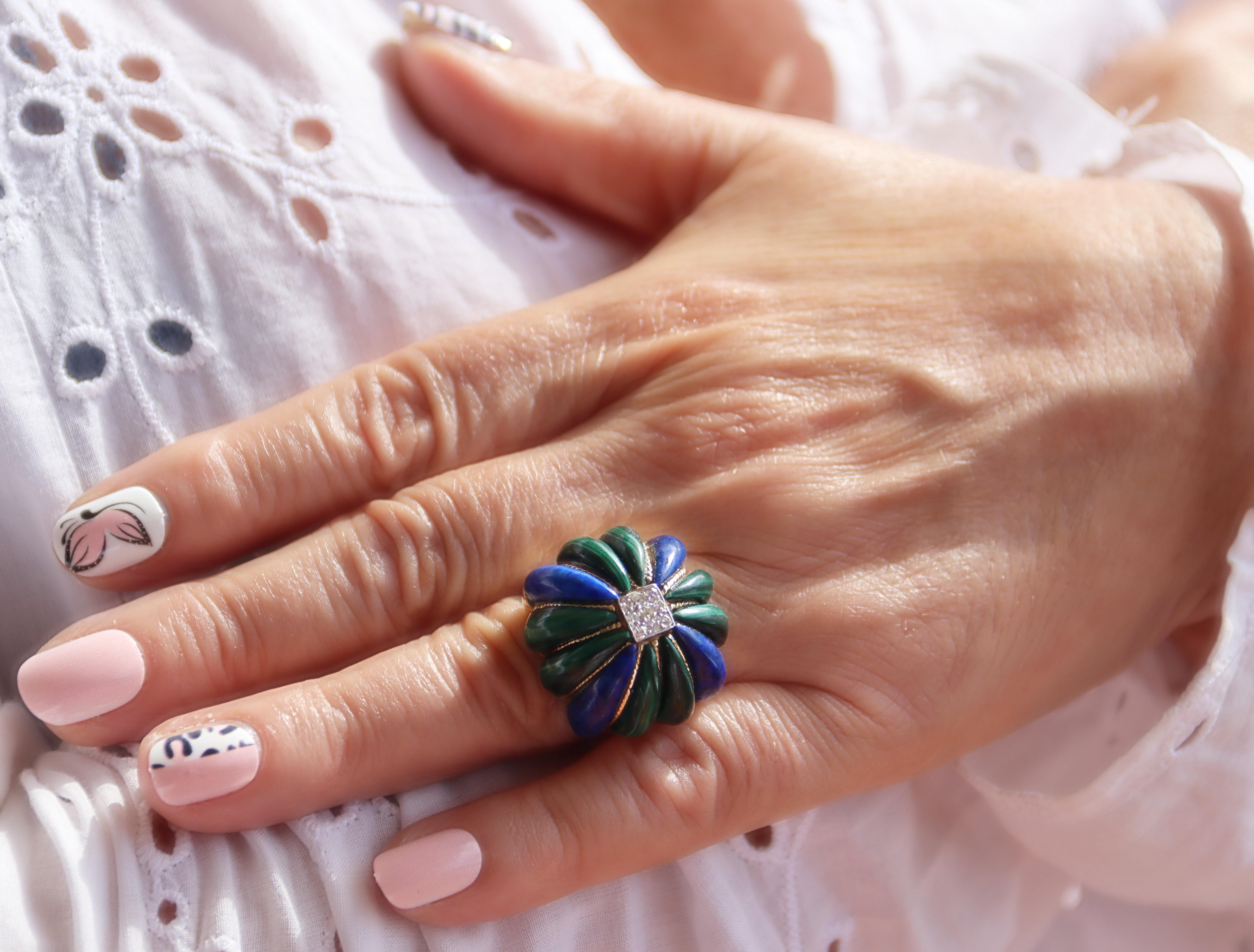 Malachite Lapis Lazuli  Bague Art Déco en or jaune 14 carats avec diamants en vente 4