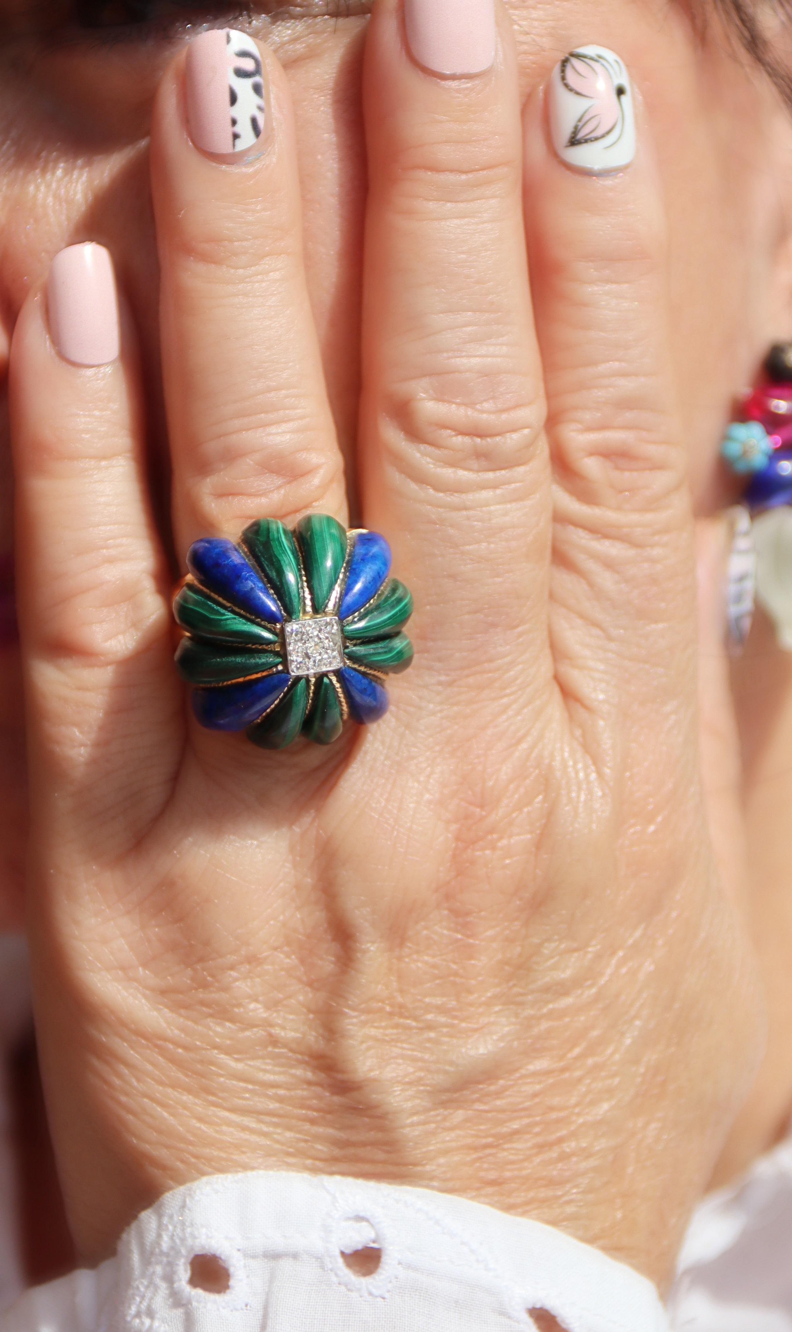 Malachite Lapis Lazuli  Bague Art Déco en or jaune 14 carats avec diamants en vente 5