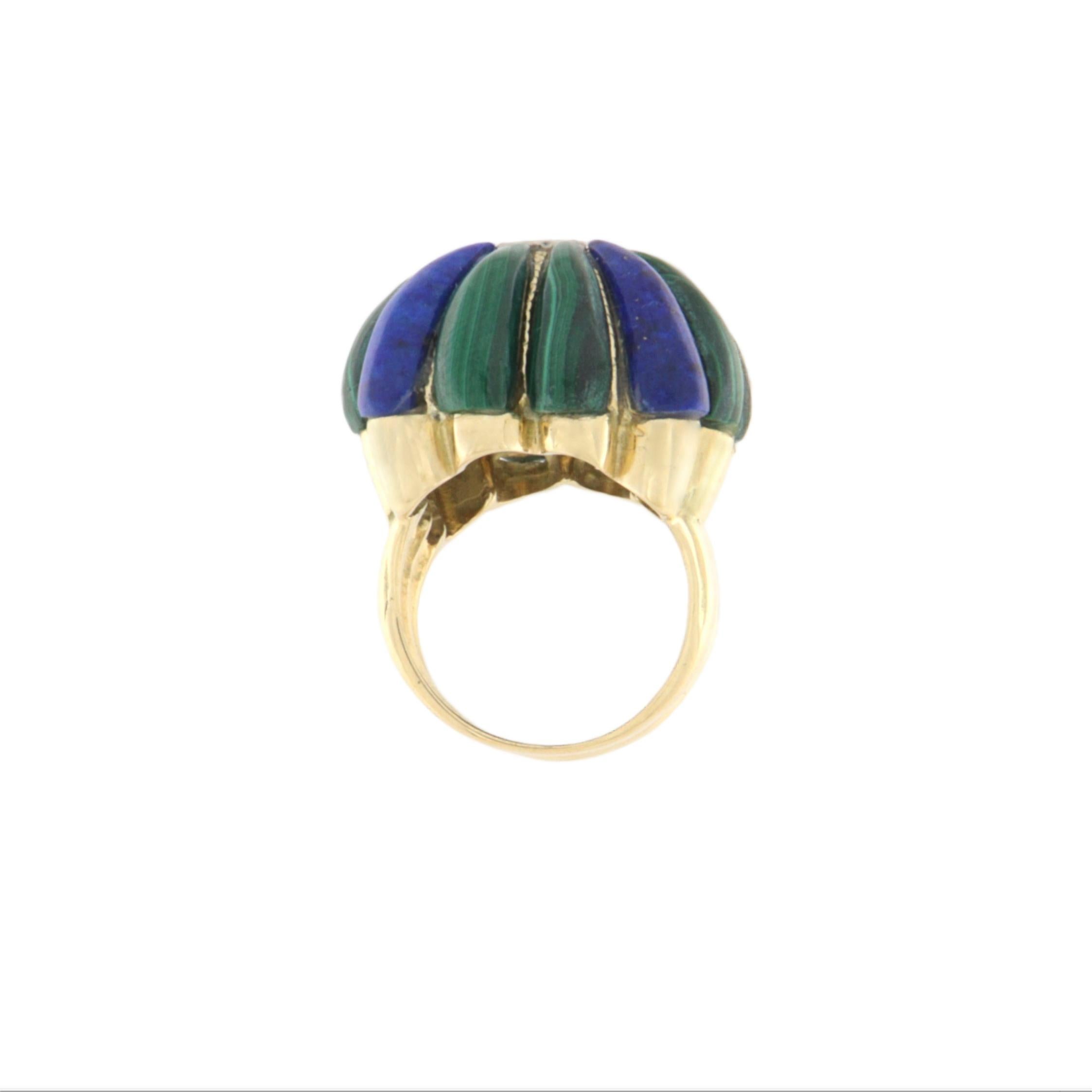Artisan Malachite Lapis Lazuli  Bague Art Déco en or jaune 14 carats avec diamants en vente