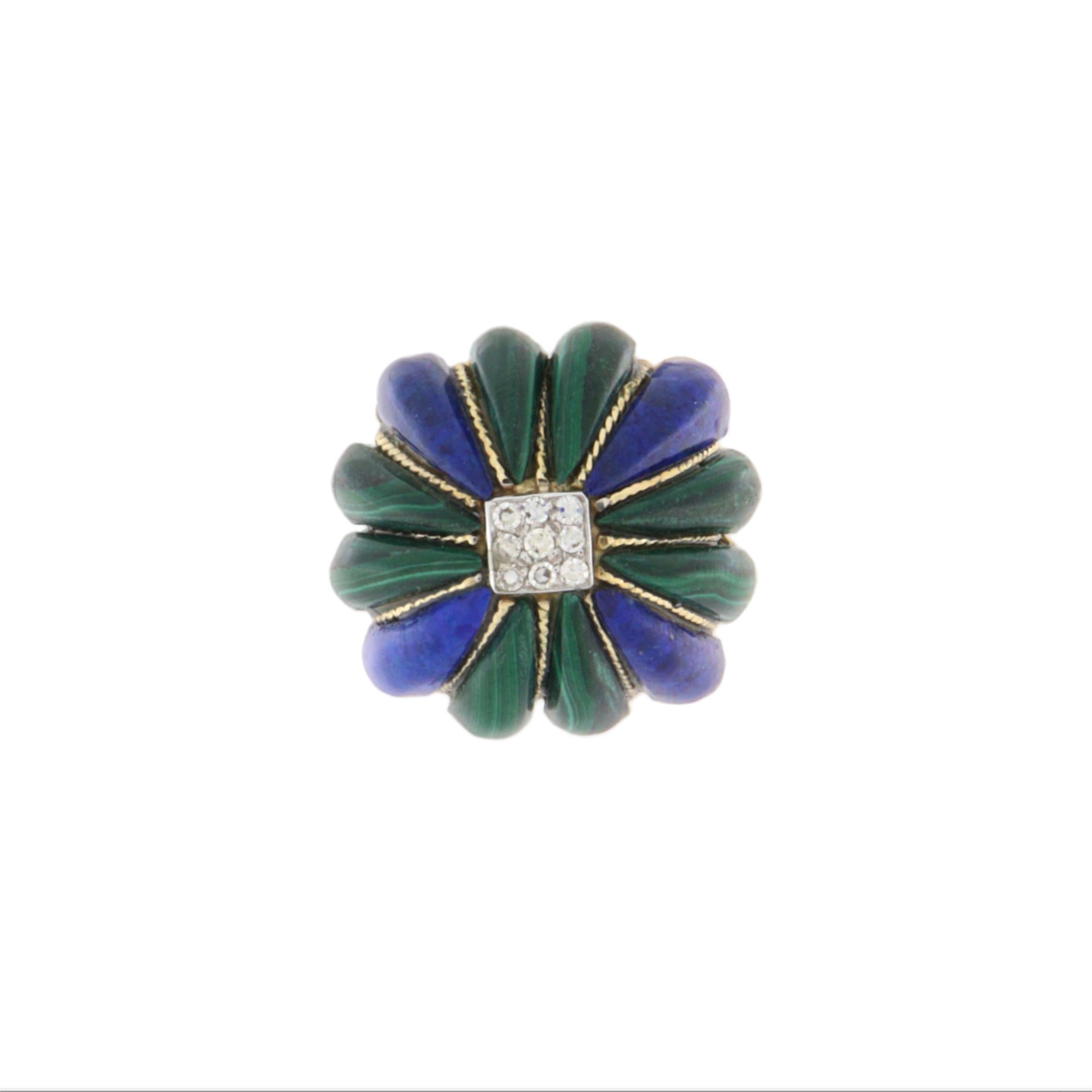 Taille mixte Malachite Lapis Lazuli  Bague Art Déco en or jaune 14 carats avec diamants en vente