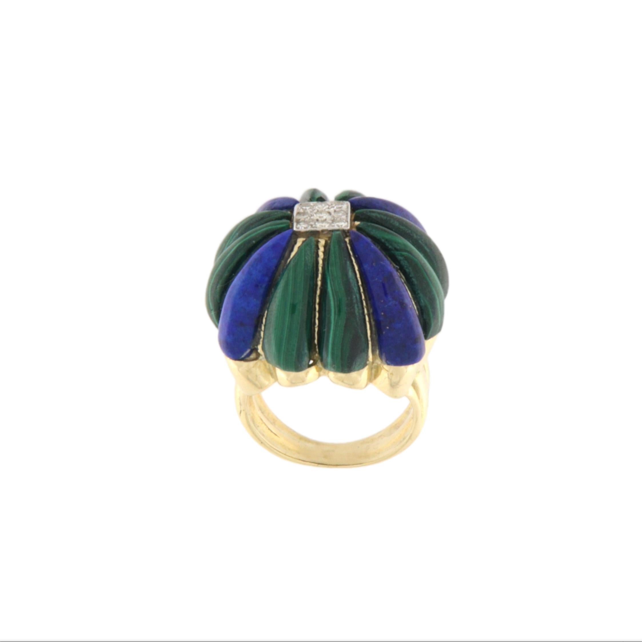 Malachite Lapis Lazuli  Bague Art Déco en or jaune 14 carats avec diamants Pour femmes en vente