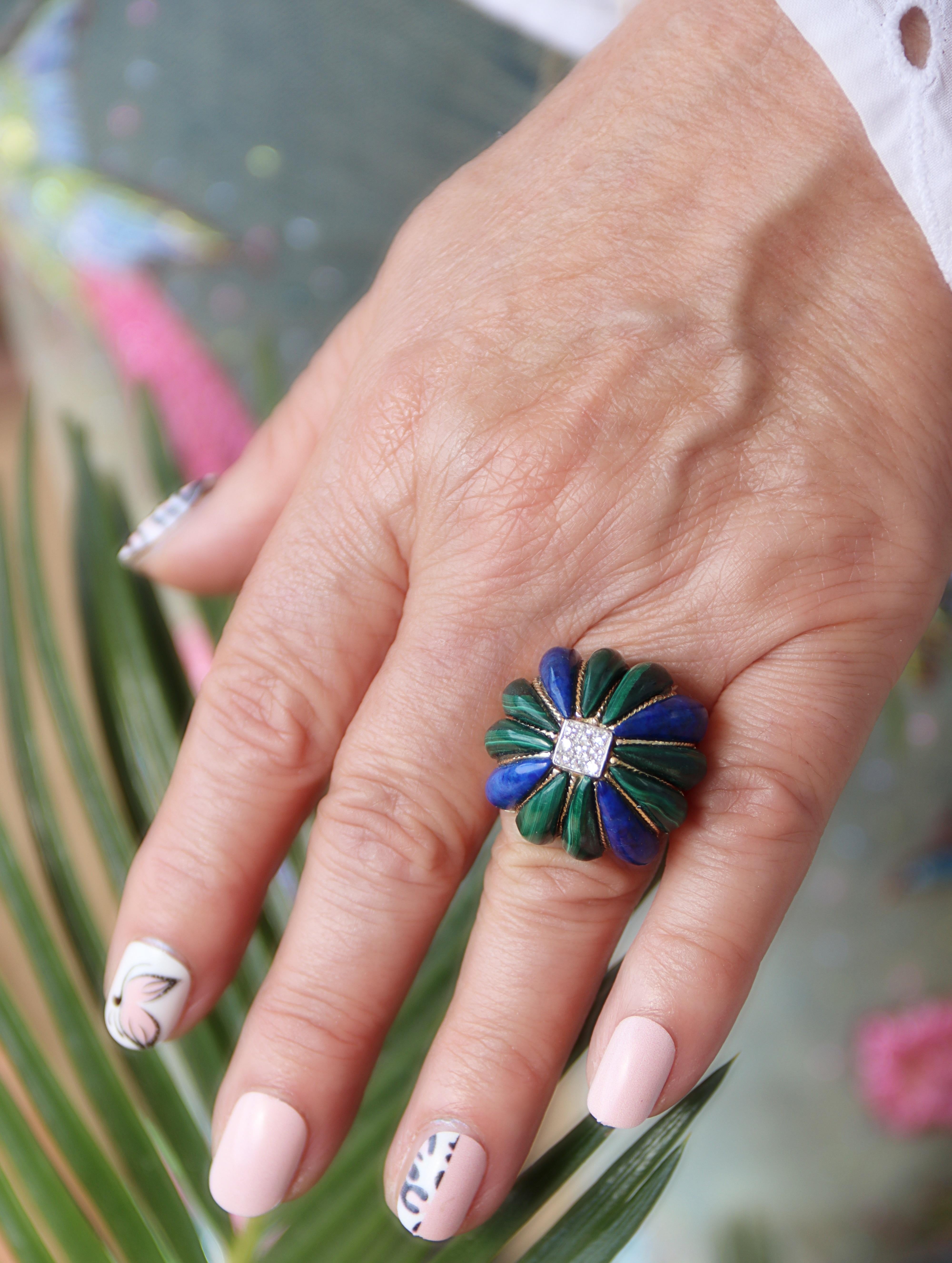 Malachite Lapis Lazuli  Bague Art Déco en or jaune 14 carats avec diamants en vente 1