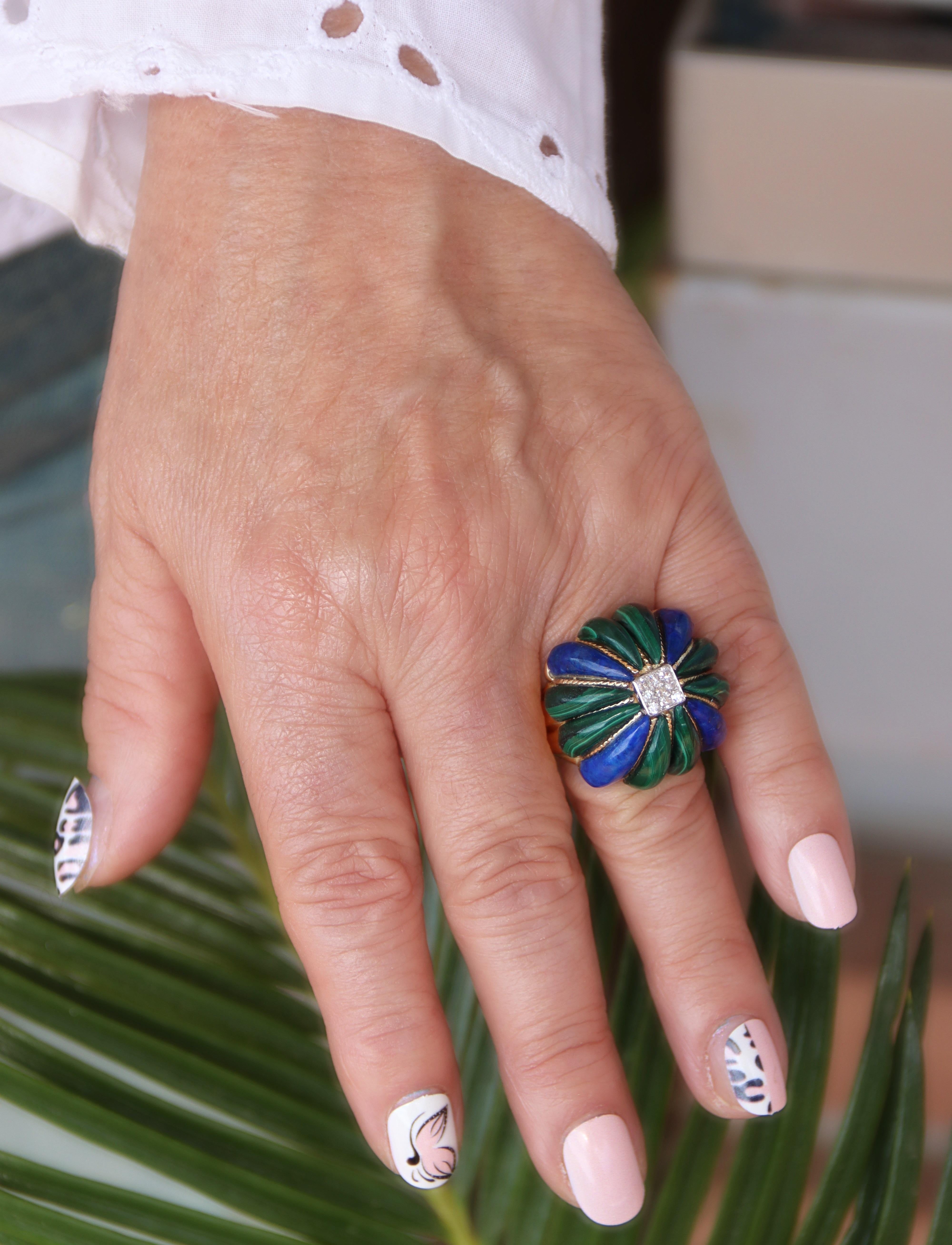 Malachite Lapis Lazuli  Bague Art Déco en or jaune 14 carats avec diamants en vente 2
