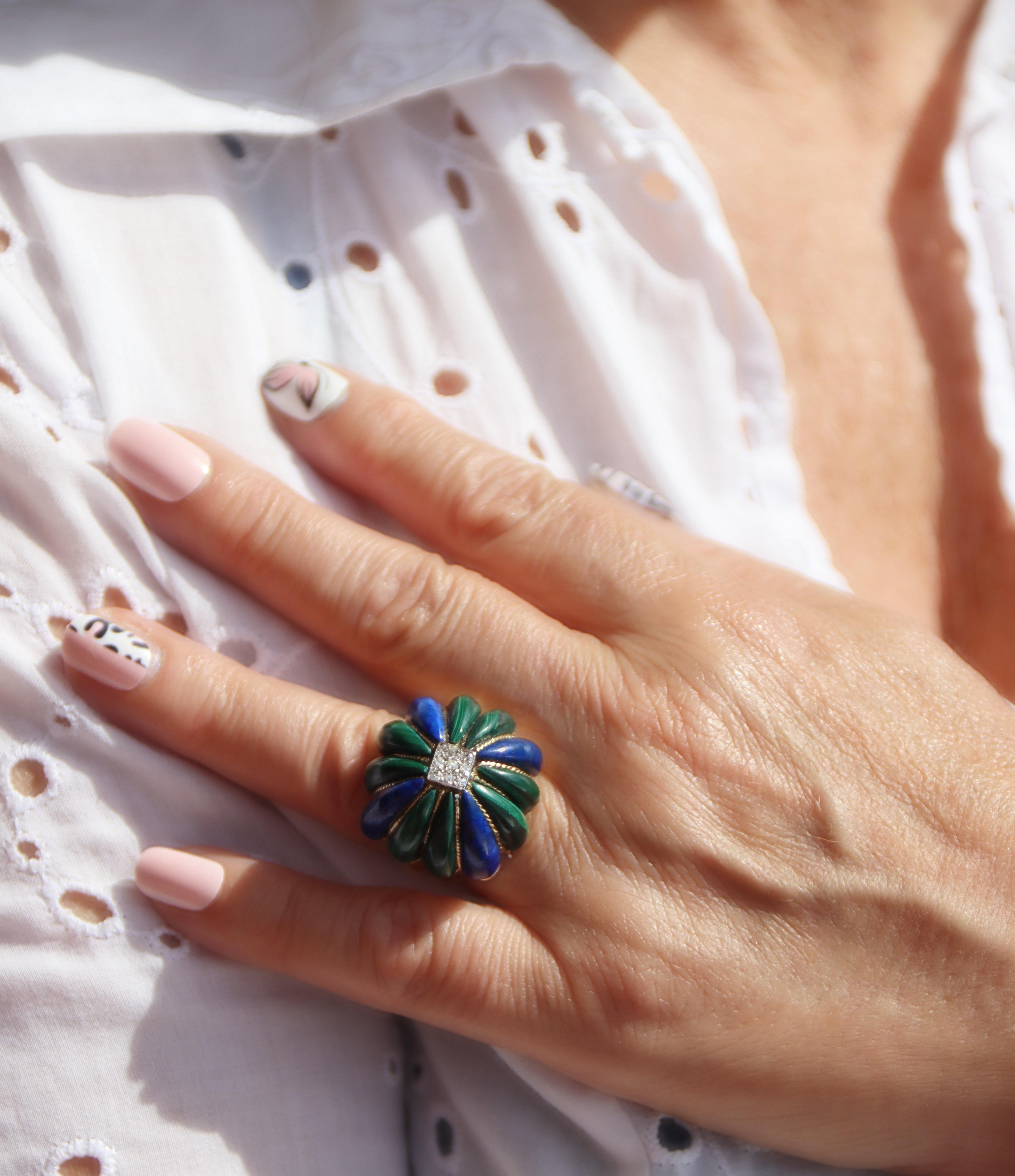 Malachite Lapis Lazuli  Bague Art Déco en or jaune 14 carats avec diamants en vente 3