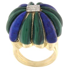 Malachite Lapis Lazuli  Bague Art Déco en or jaune 14 carats avec diamants