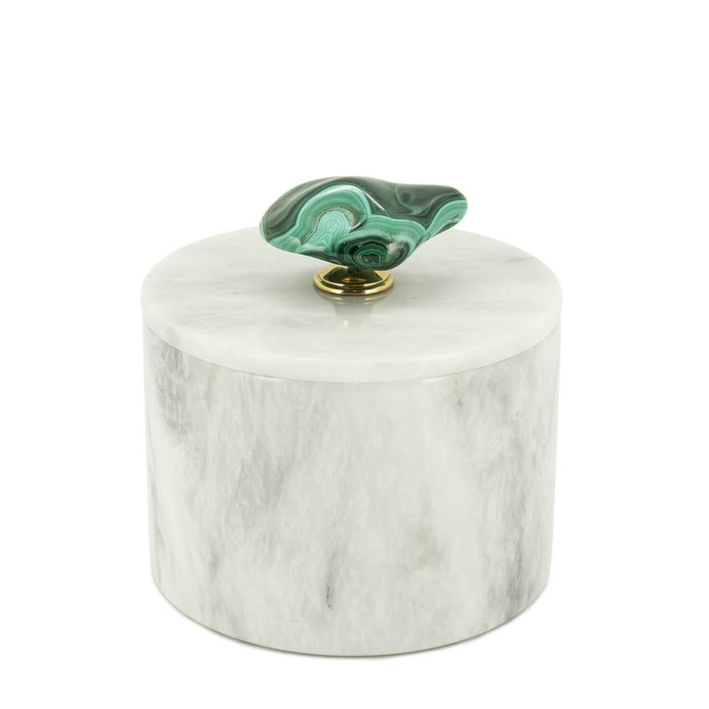 Box Malachite large all in white marble, box with lid 
with handle in real malachite stone with gold finish base.