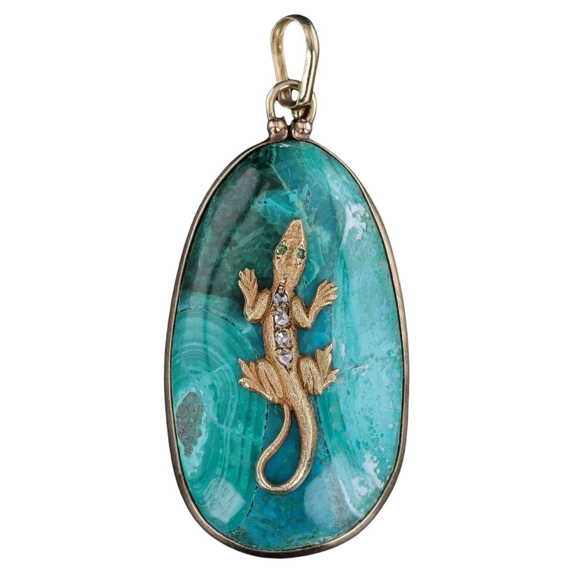 Ciondolo a forma di lucertola di malachite in oro 14k