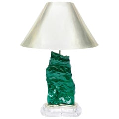 Malachite, Lucite and Silver Leaf Sculptural Table Lamp One of a Kind 80's