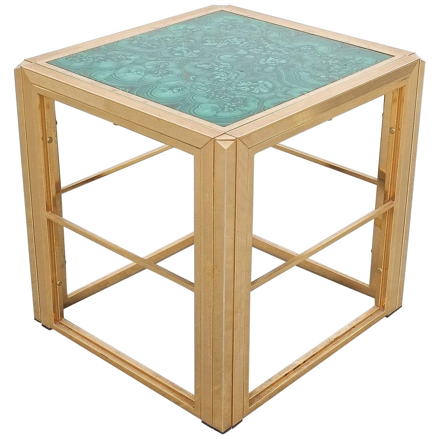 Malachite Marquetry Brass Side Table, Midcentury, France