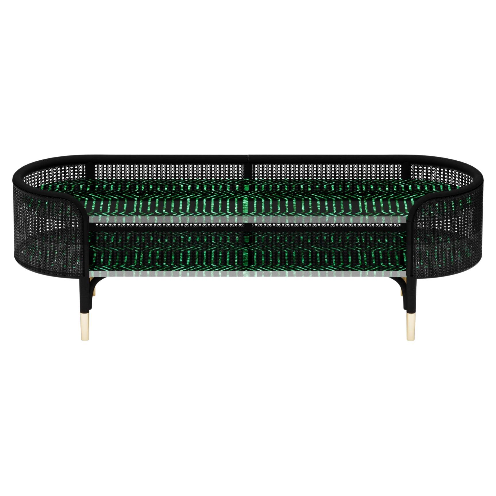 Malachite Media Console with Ash Wood and Wicker Accents For Sale