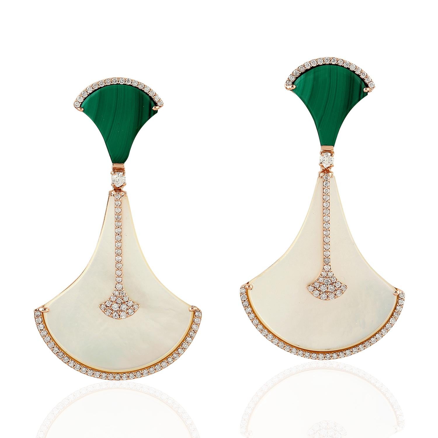 Mixed Cut Malachite Mother of Pearl Diamond 18 Karat Gold Earrings For Sale