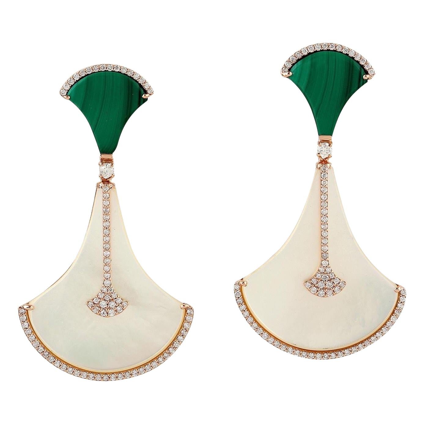 Malachite Mother of Pearl Diamond 18 Karat Gold Earrings For Sale