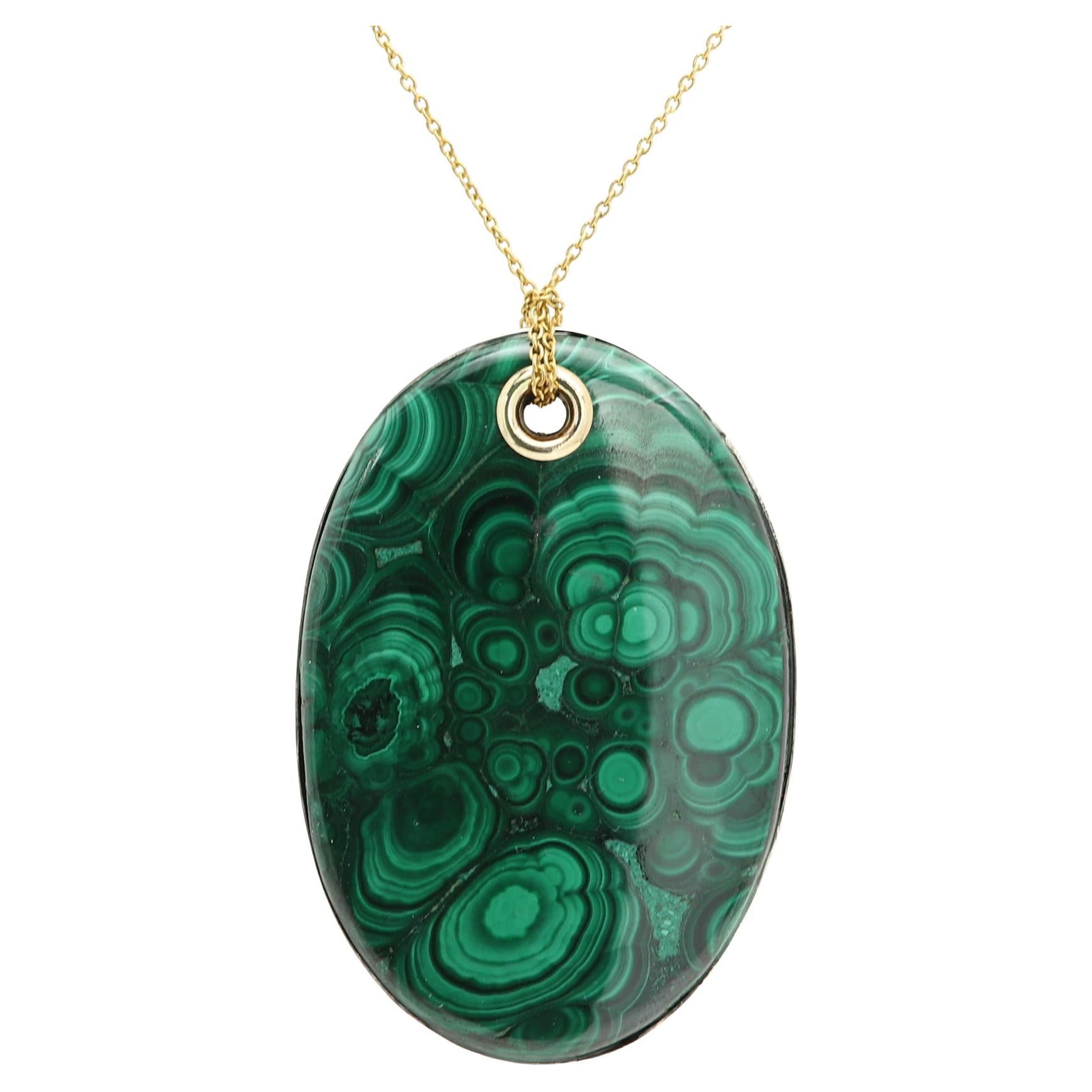Malachite Natural Stone Pendant Oval Green Necklace Sterling Silver (#1)