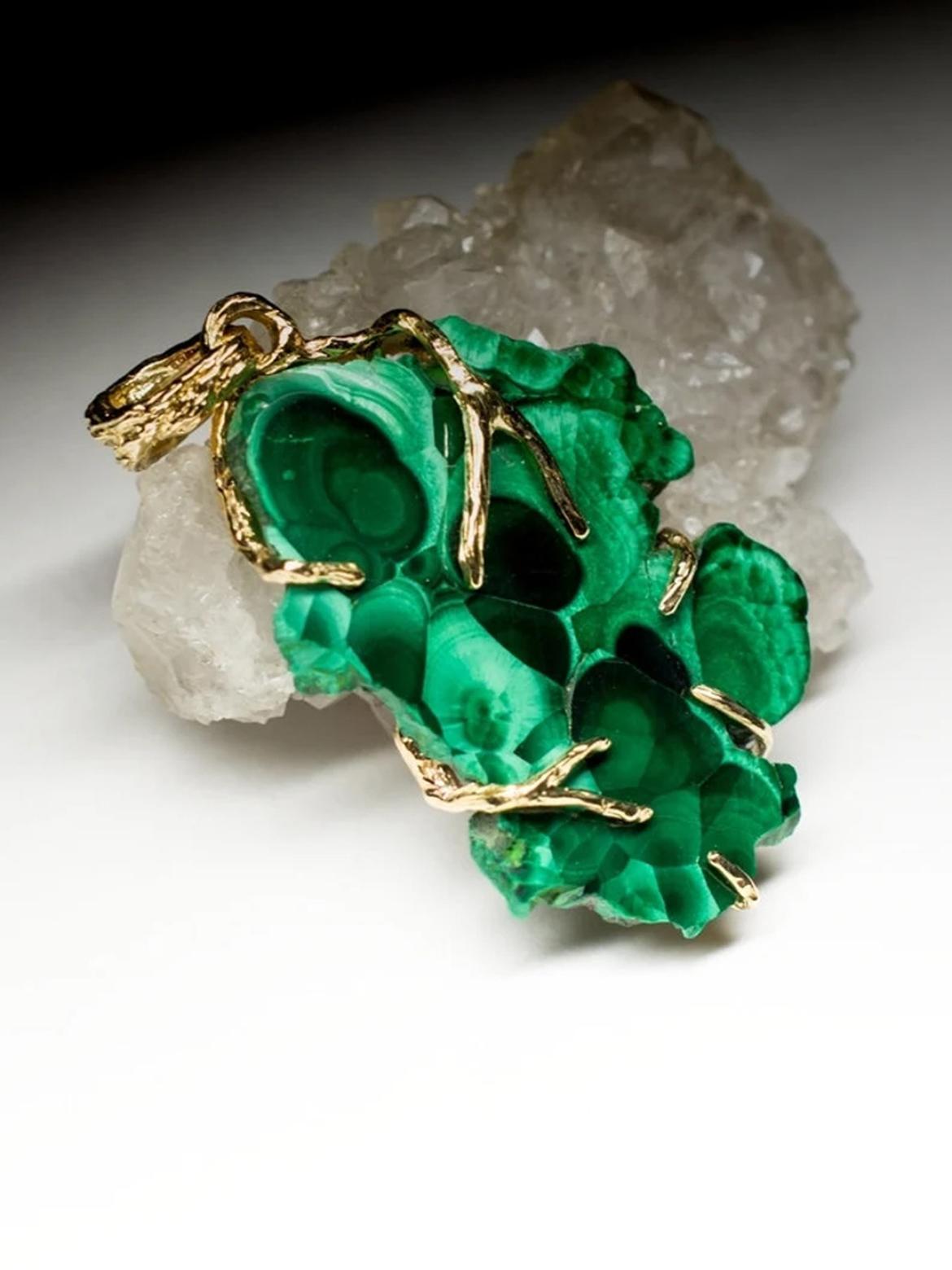 Artisan Malachite Necklace Gold Natural Gemstone Clover Deep Green For Sale