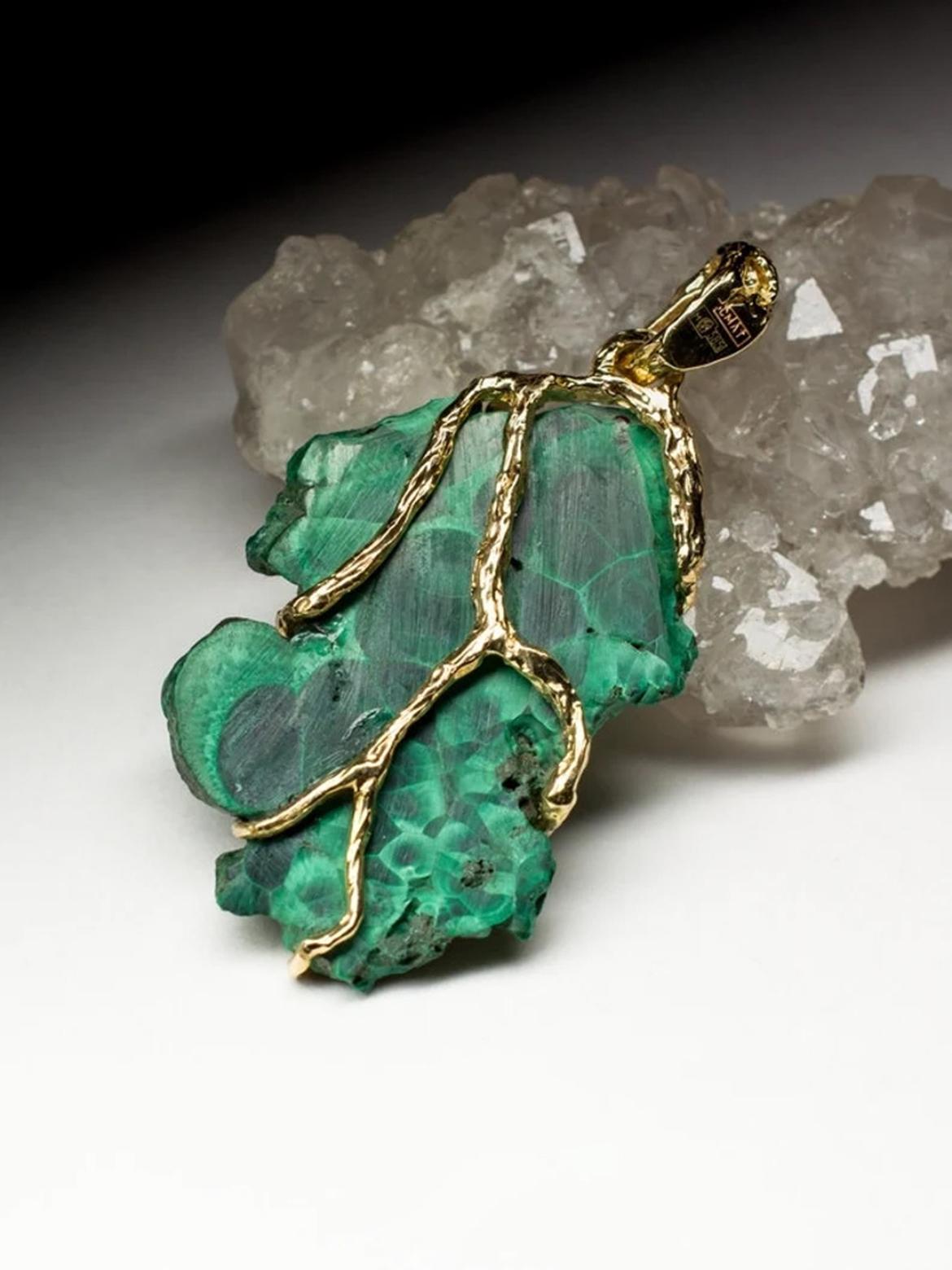 Uncut Malachite Necklace Gold Natural Gemstone Clover Deep Green For Sale