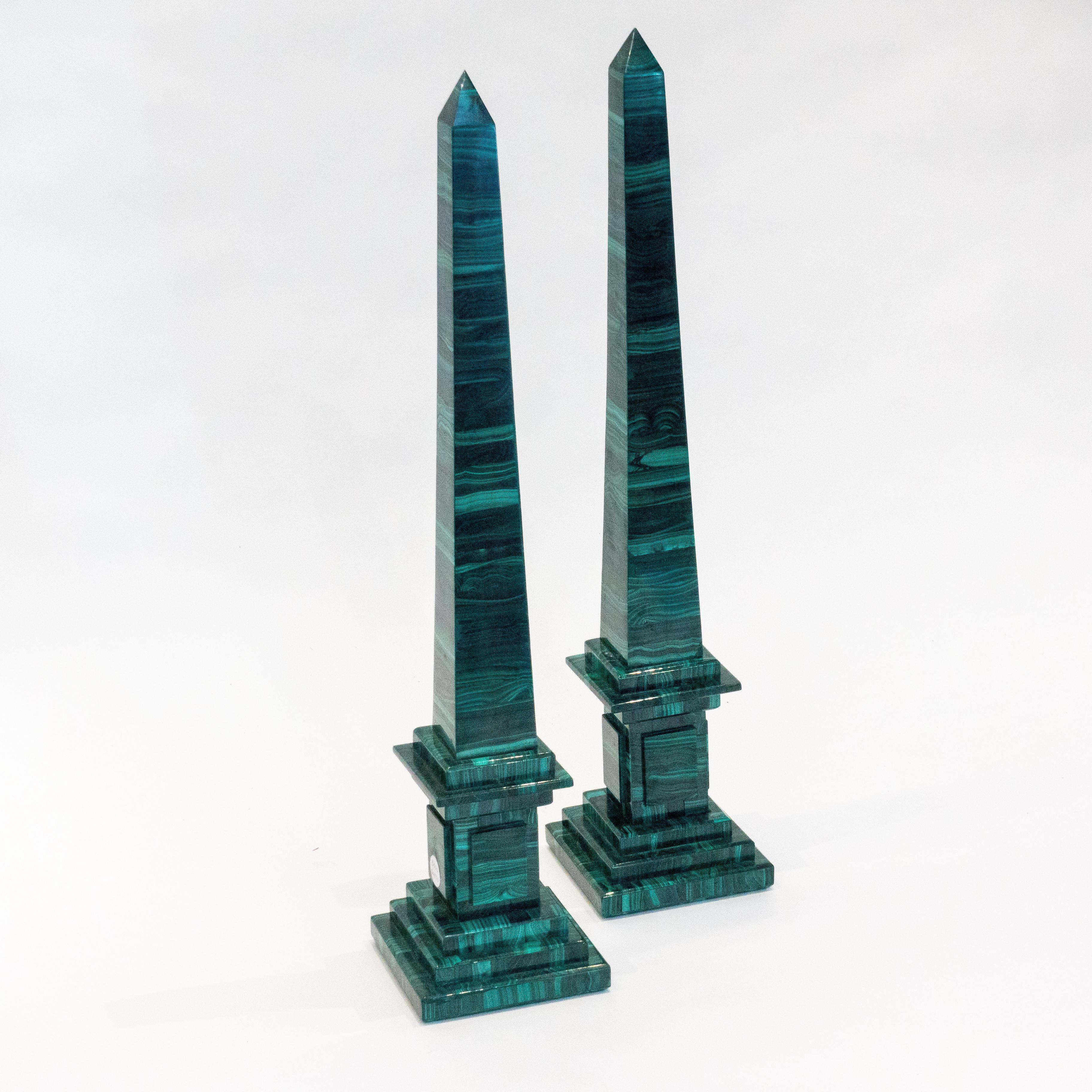 The malachite for this set of obelisks was sourced from the Congo, where the finest quality of this mineral is currently found. Malachite from the 18th and 19th century was also sourced from Russia. Obelisks were always an important object brought