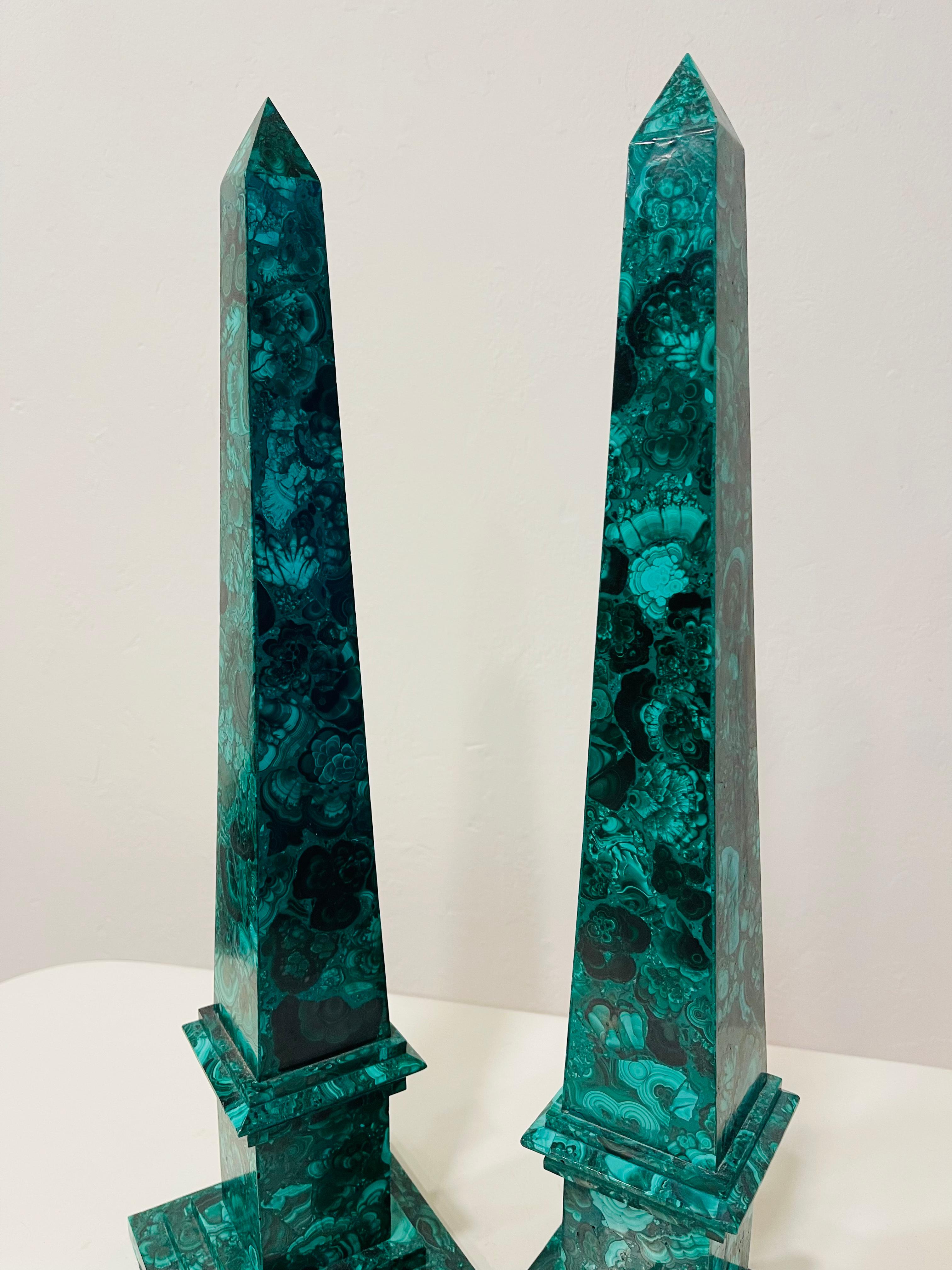 Beautiful malachite obelisks. Great condition. Stunning color and pattern.