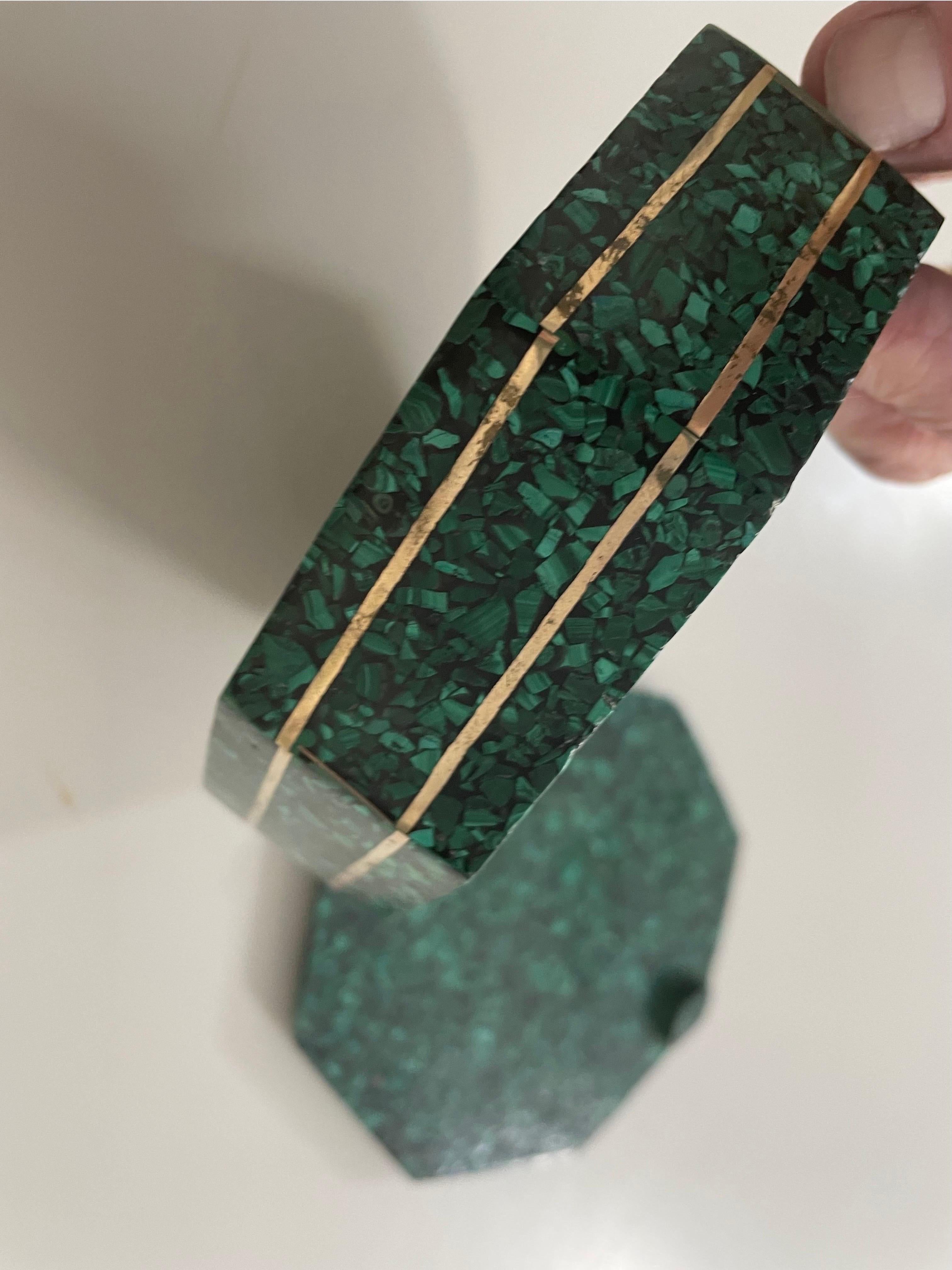 This is a vintage malachite and brass inlay octagonal box in good condition, no chips or cracks.