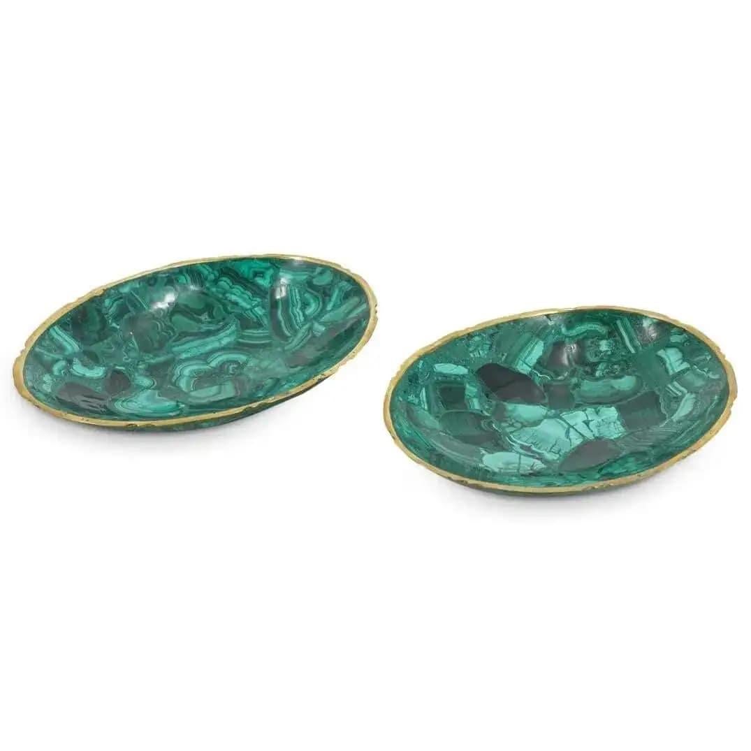 Hollywood Regency Malachite Oval Bowls with Brass Rim - a Pair For Sale