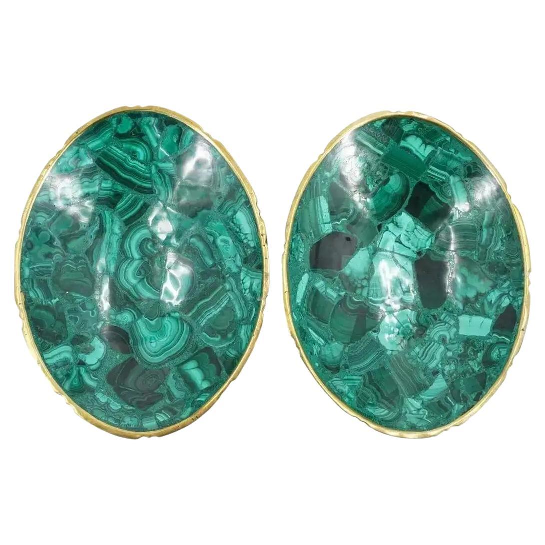 Malachite Oval Bowls with Brass Rim - a Pair For Sale