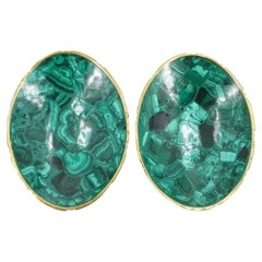Used Malachite Oval Bowls with Brass Rim - a Pair