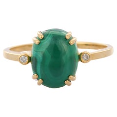 Malachite Oval Cut Cocktail Ring with Diamonds in 18K Yellow Gold