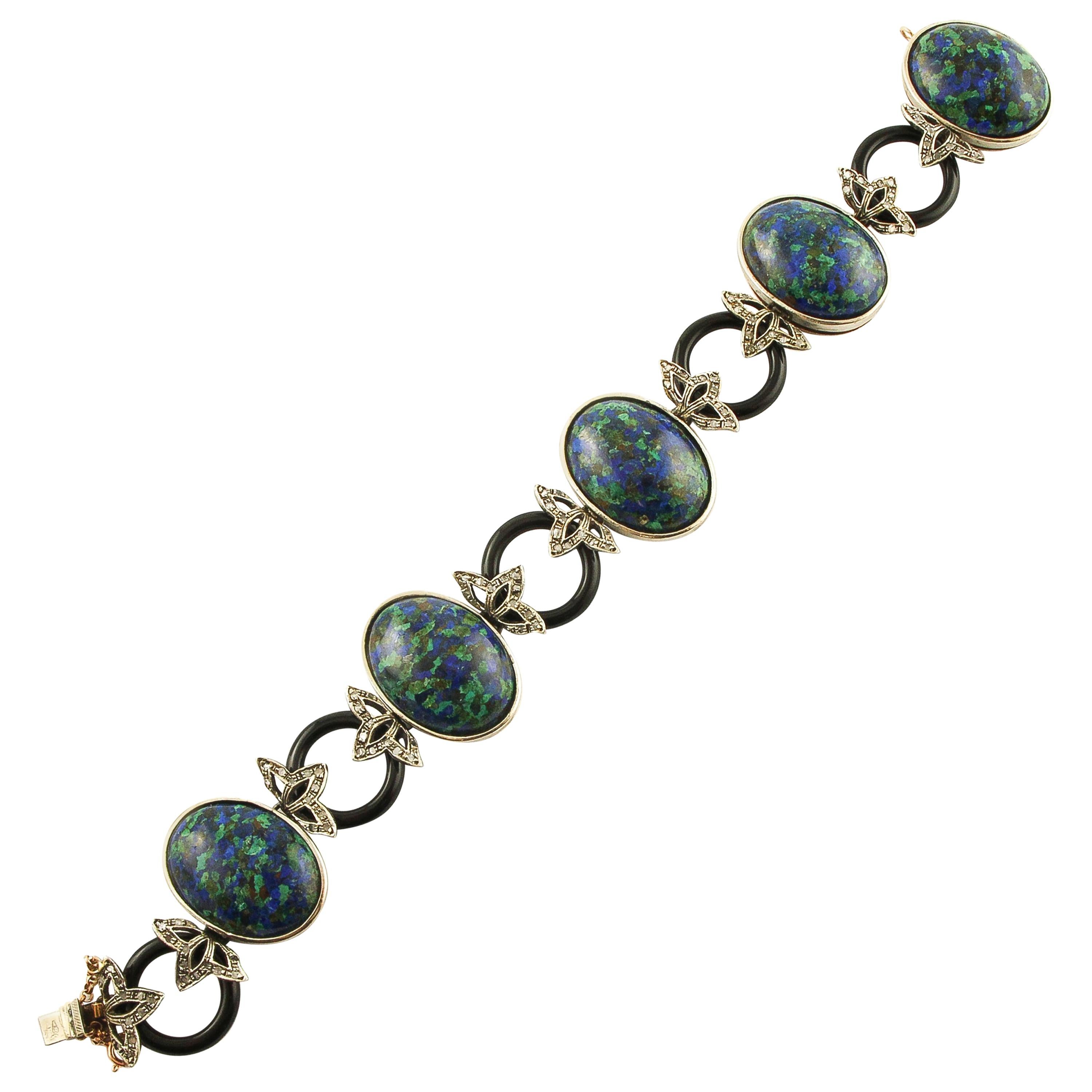 Malachit Ovals, Onyx Ringe, Diamanten, Armband aus 9 Karat Roségold und Silber im Angebot