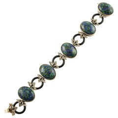 Malachite Ovals, Onyx Rings, Diamonds, 9 Karat Rose Gold and Silver Bracelet