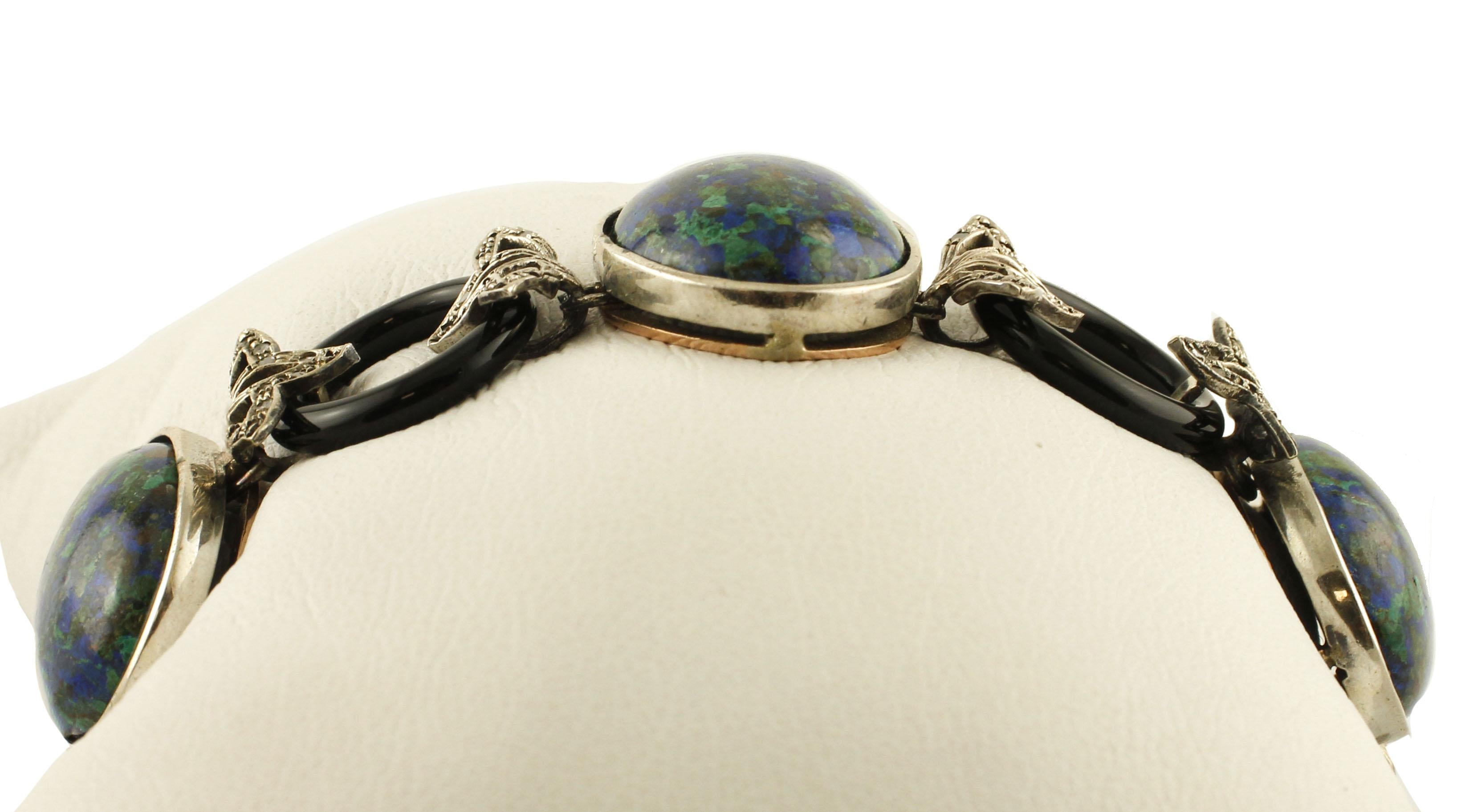 Rétro Ovales en malachite, bagues en onyx, diamants, bracelet en or rose et argent 9 carats en vente