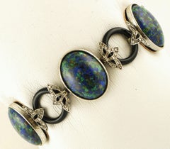 Malachite Ovals, Onyx Rings, Diamonds, 9 Karat Rose Gold and Silver Bracelet