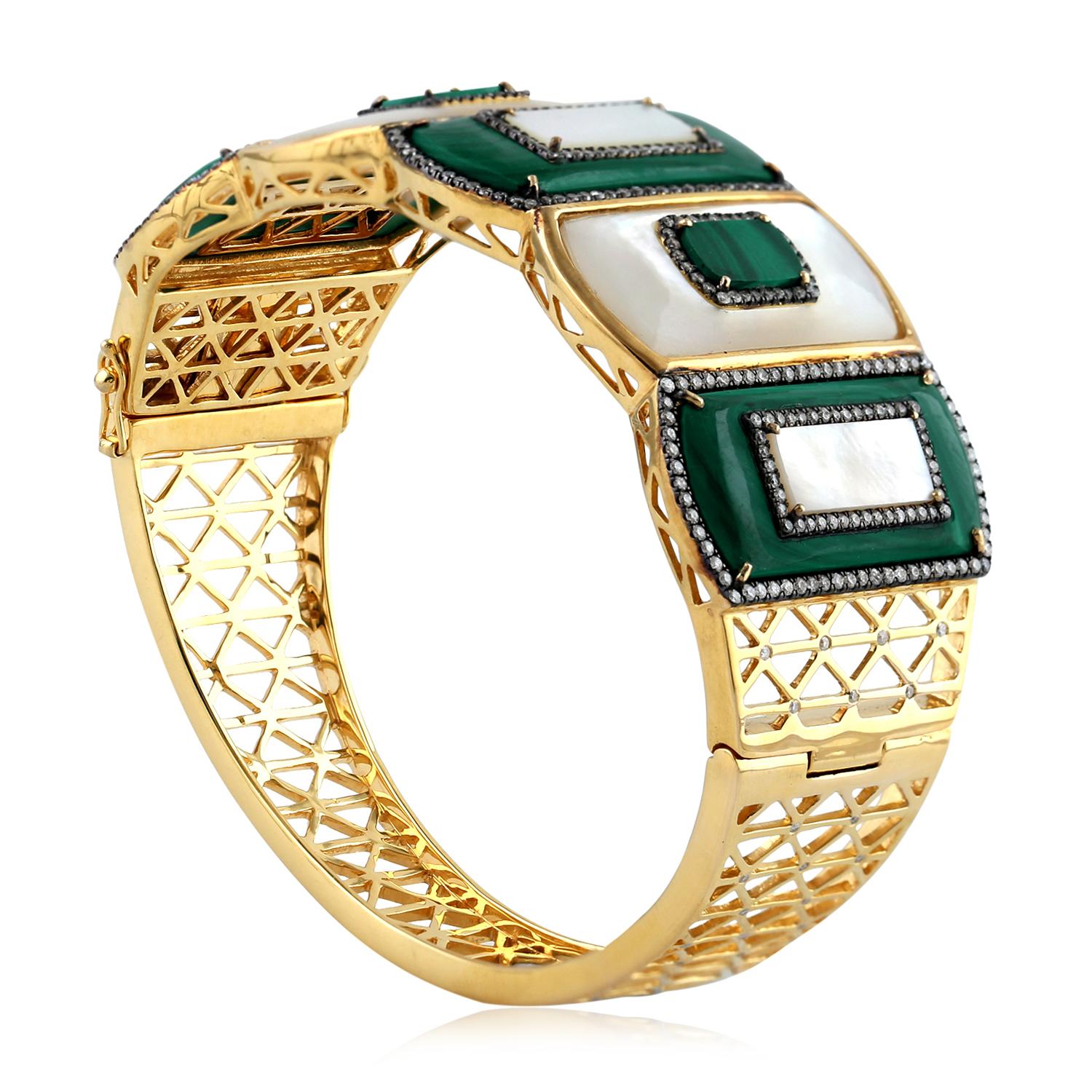 Modern Malachite & Pearl Bangle with Filigree Design Accented by Diamonds in 18kt Gold For Sale
