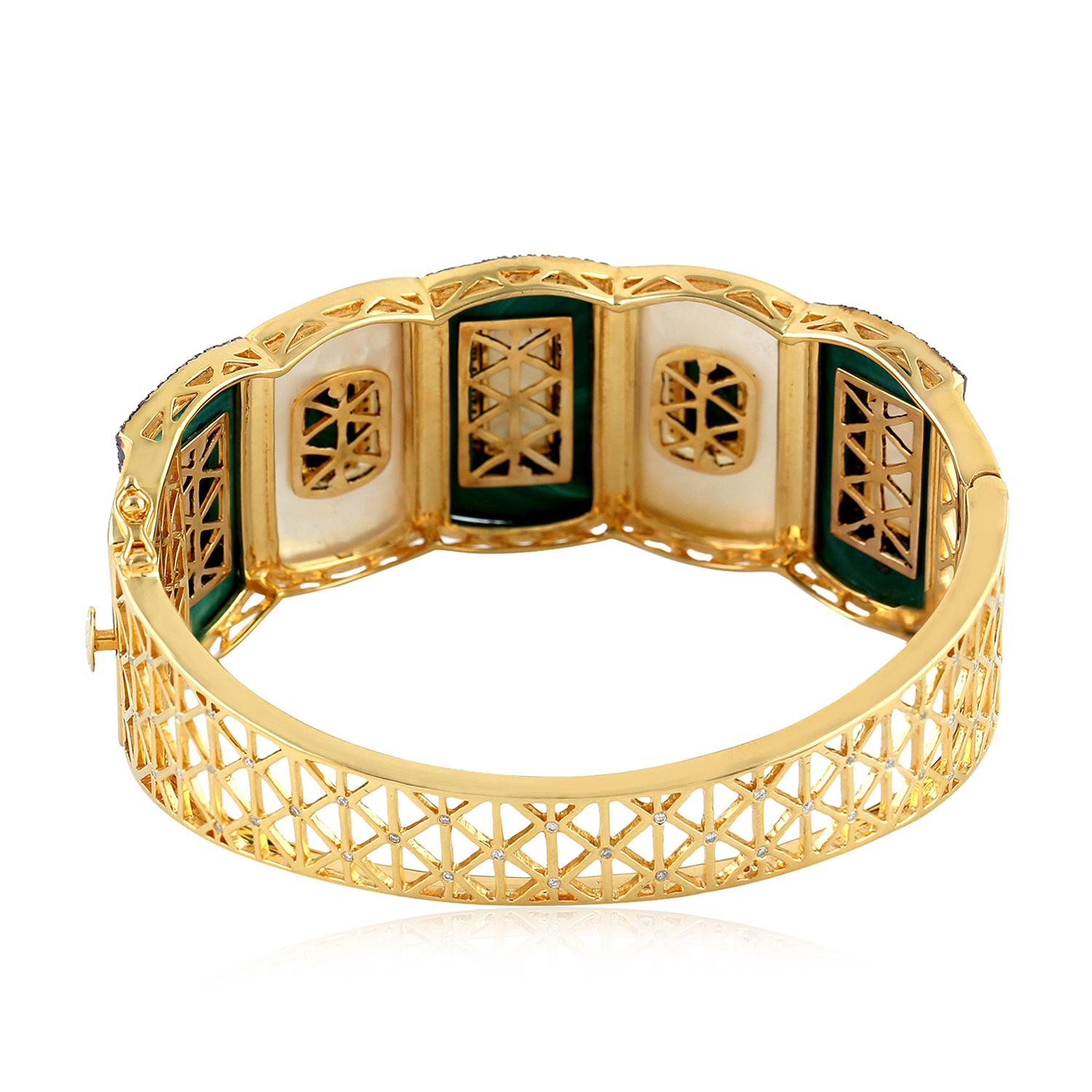 Mixed Cut Malachite & Pearl Bangle with Filigree Design Accented by Diamonds in 18kt Gold For Sale