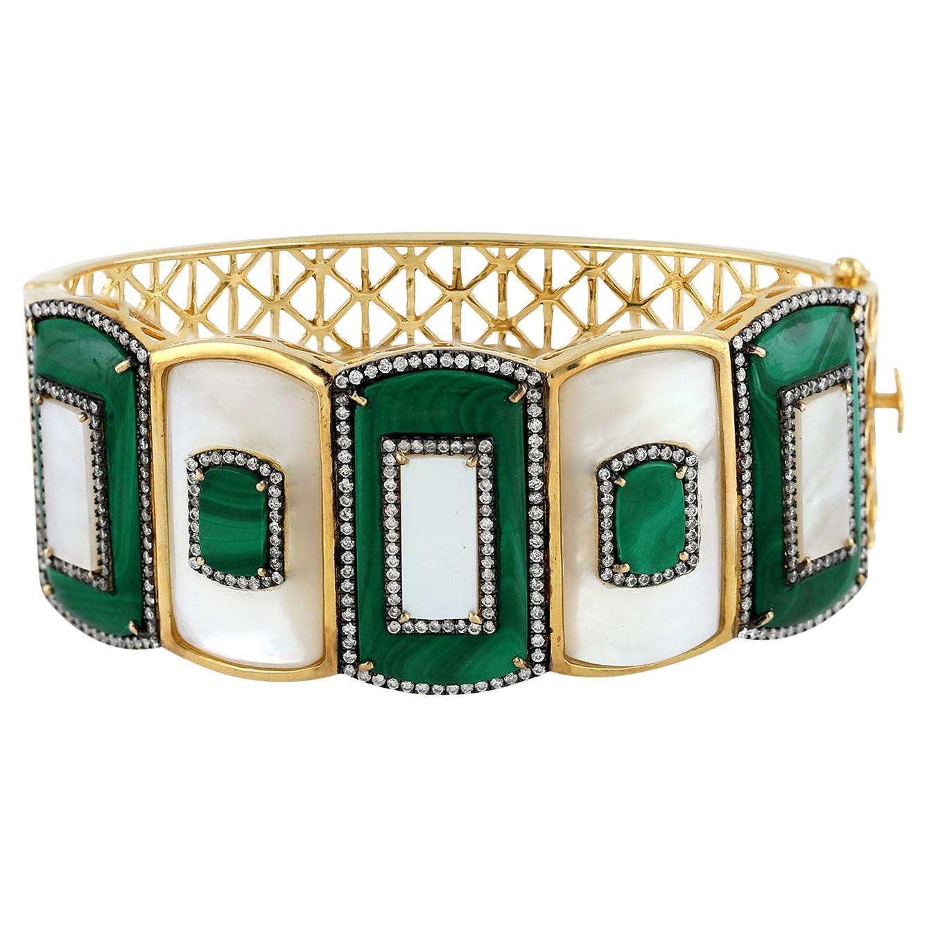 Malachite & Pearl Bangle with Filigree Design Accented by Diamonds in 18kt Gold For Sale