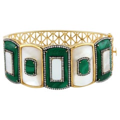 Malachite & Pearl Bangle with Filigree Design Accented by Diamonds in 18kt Gold