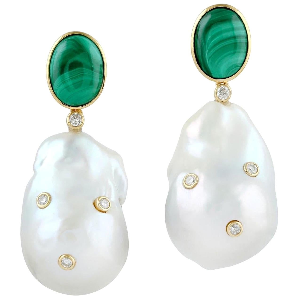 Malachite Pearl Diamond 18 Karat Gold Earrings