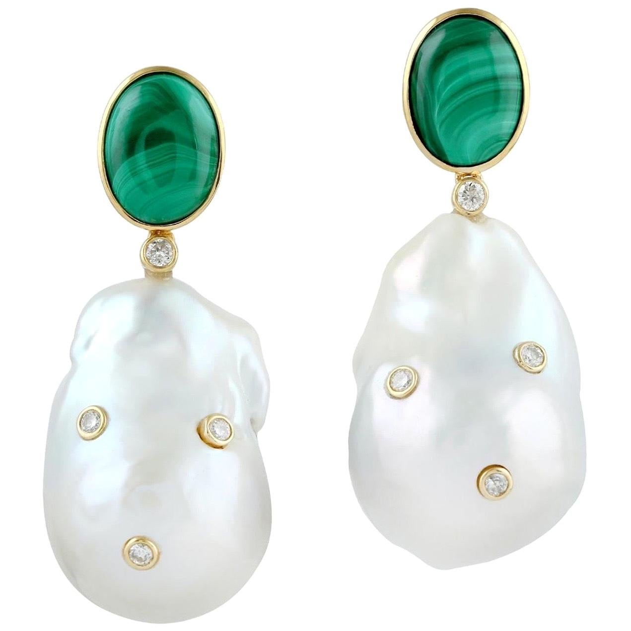 Malachite Pearl Diamond 18 Karat Gold Earrings For Sale