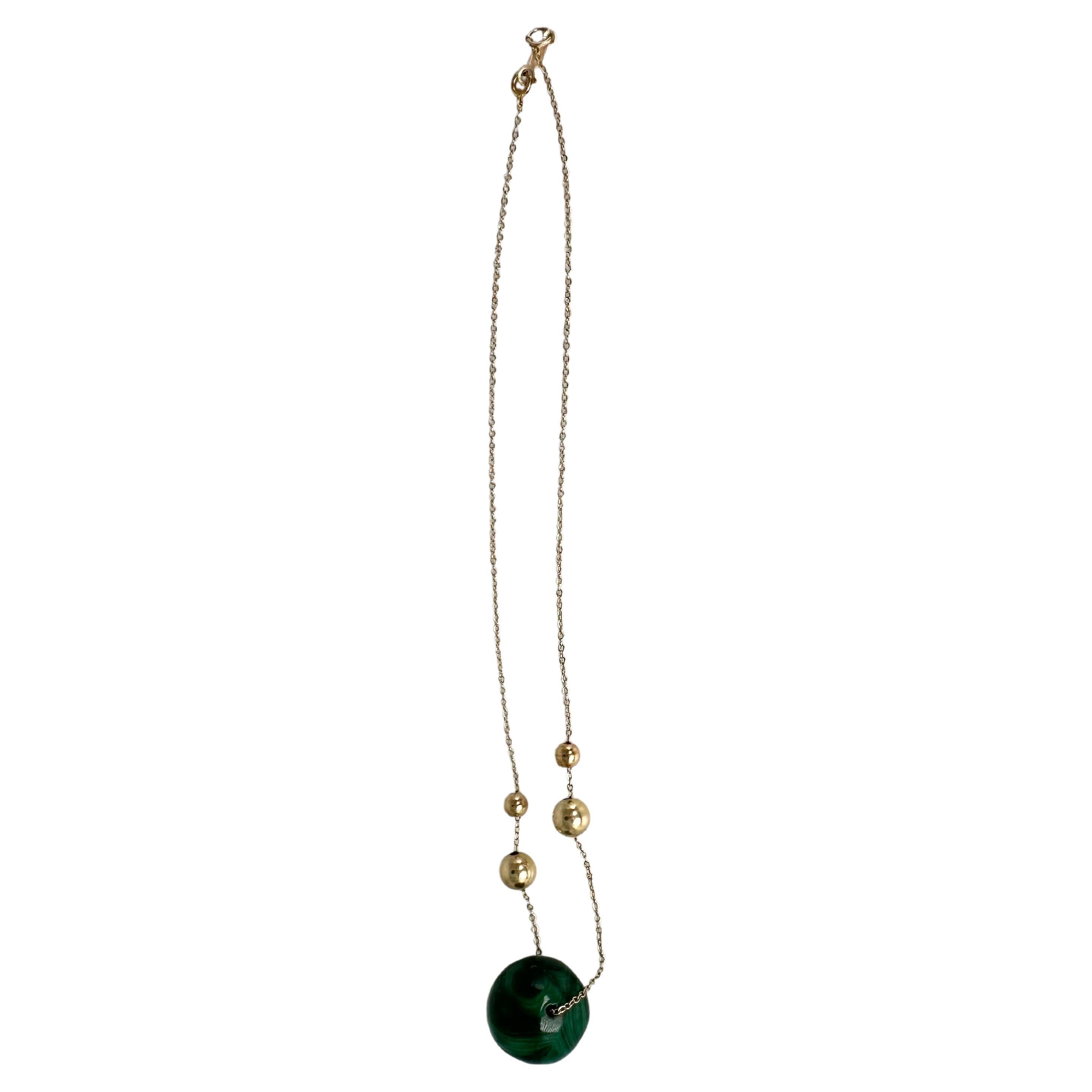 Malachite pendant necklace 14KT yellow gold Hippie designer necklace 15" long For Sale