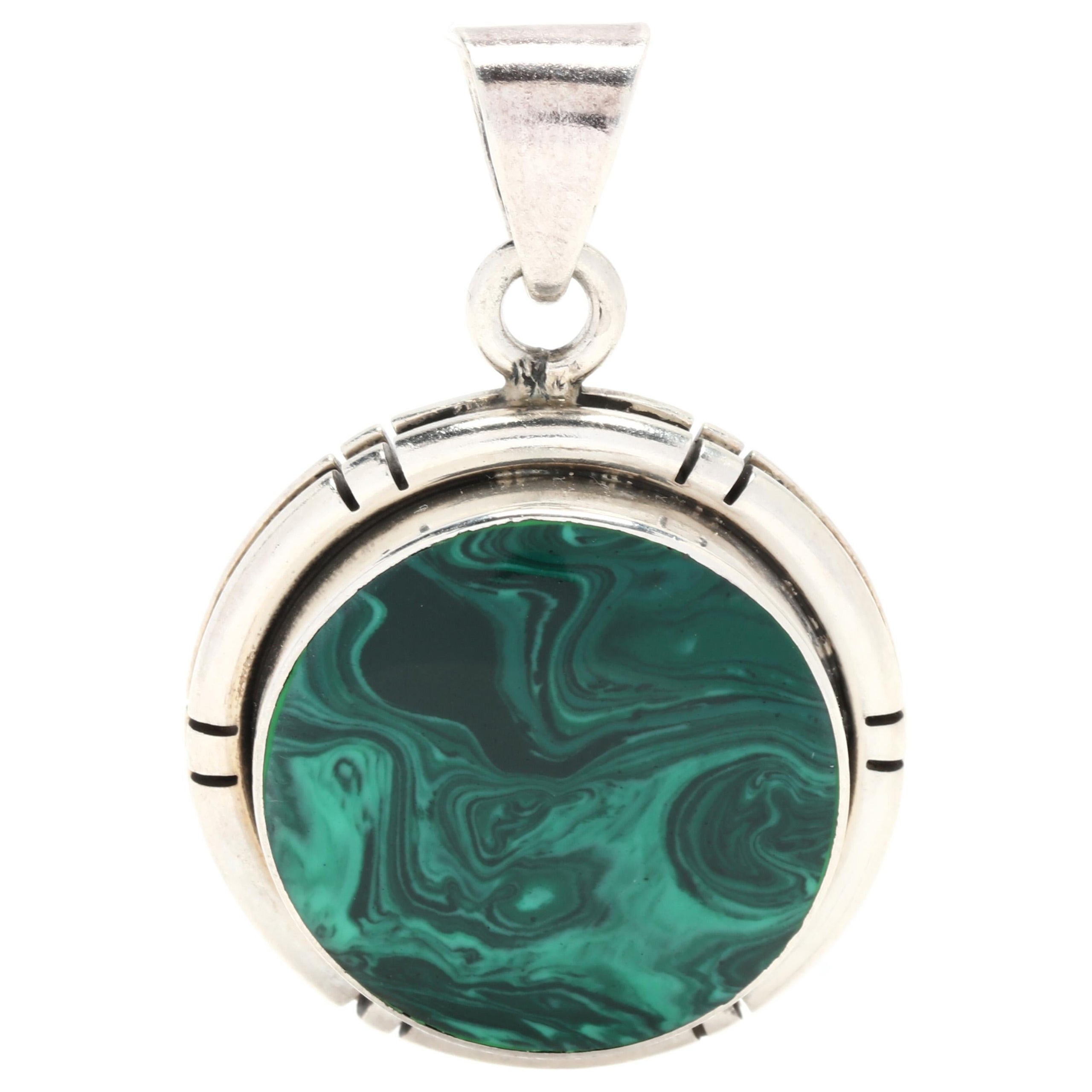 Malachite Pendant, Sterling Silver, Gemset Pendant, Green Pendant For Sale