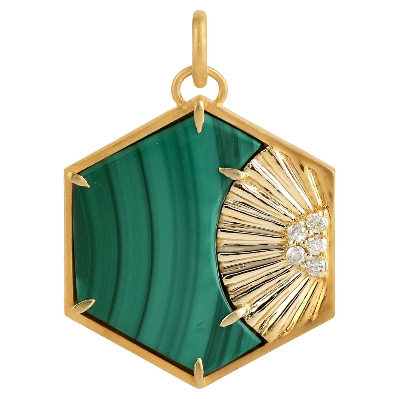 Malachite Pendant With Diamonds Made In 14k Yellow Gold