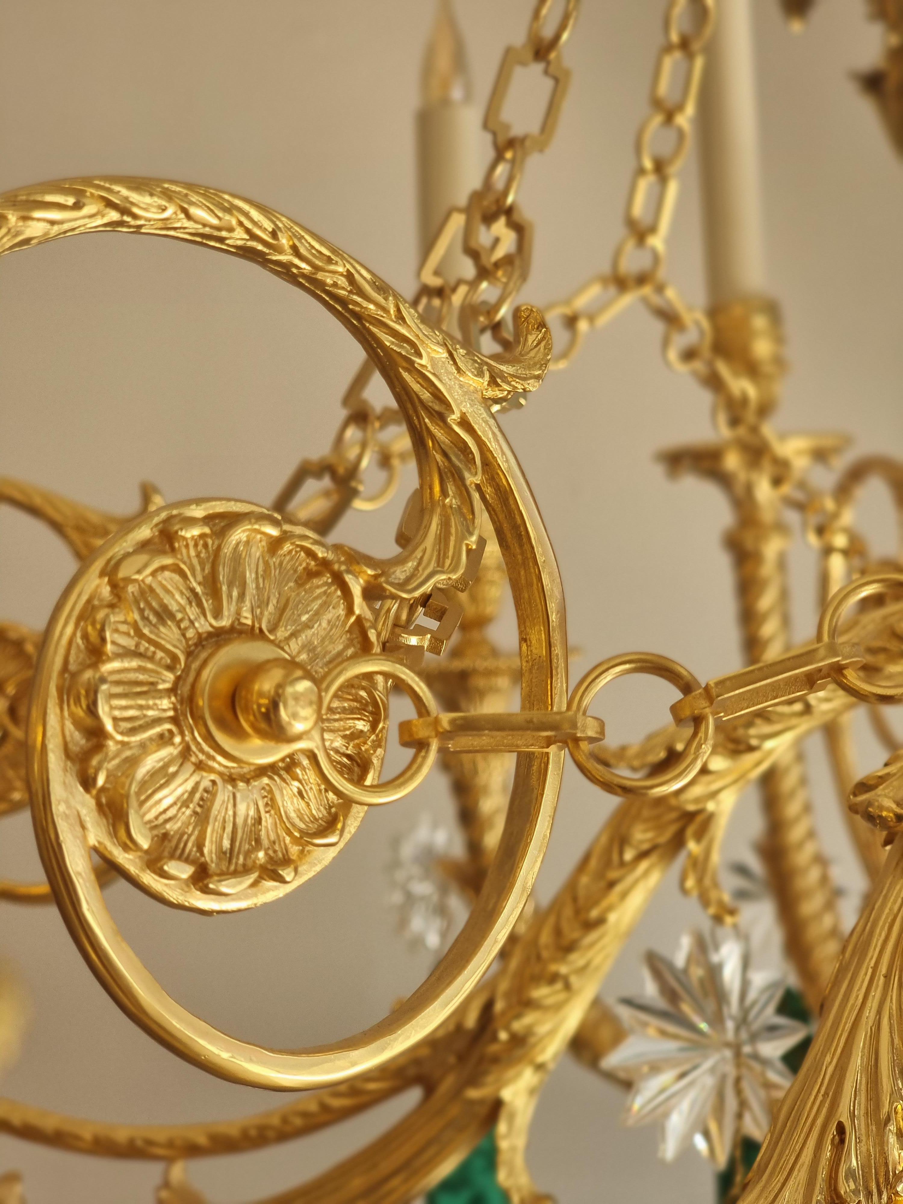 Louis XVI Malachite Pendants on Varennes Bronze Chandelier in 18 Carats Gold Finish
