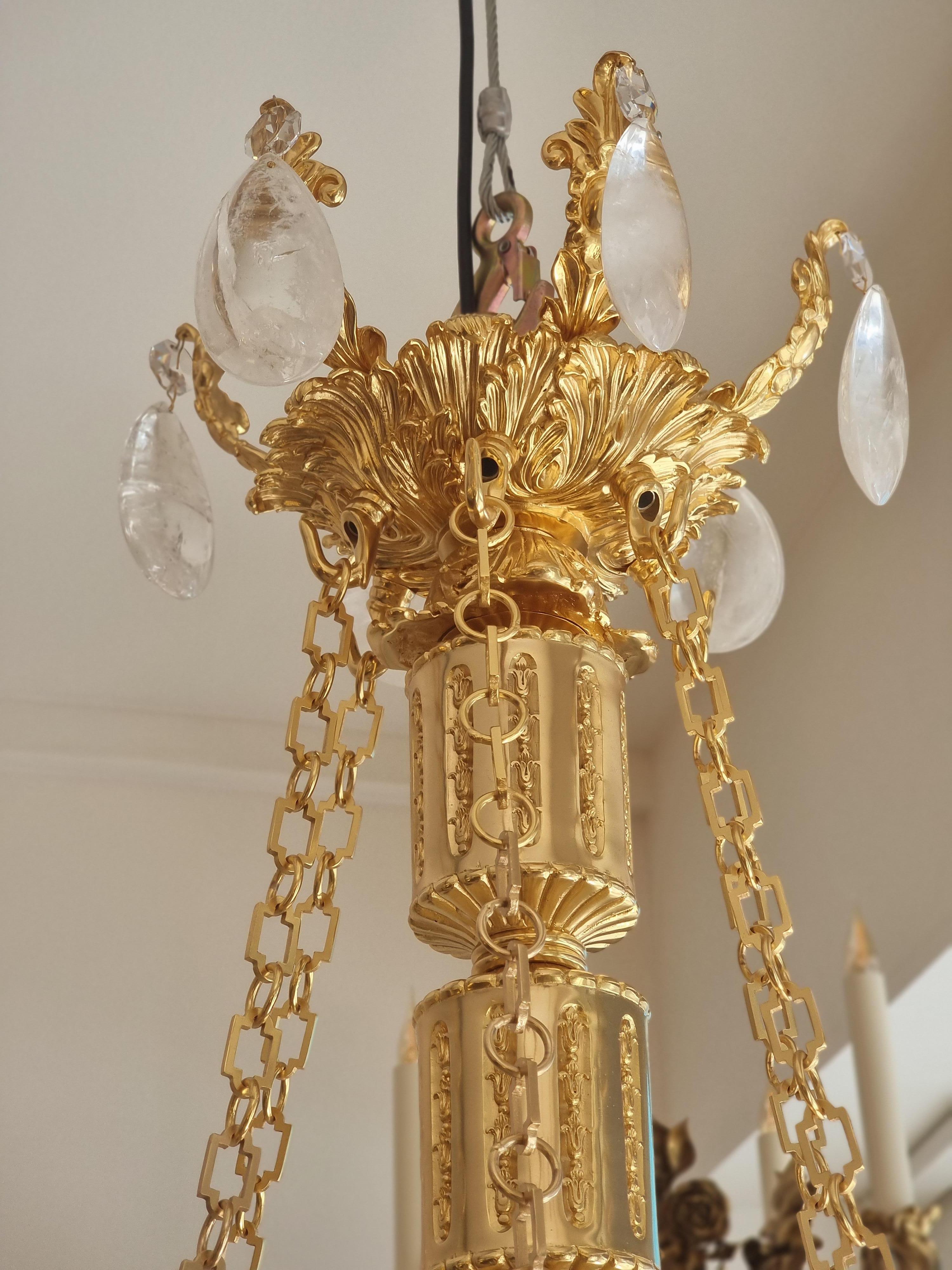 Malachite Pendants on Varennes Bronze Chandelier in 18 Carats Gold Finish In Excellent Condition In SAINT-OUEN-SUR-SEINE, FR