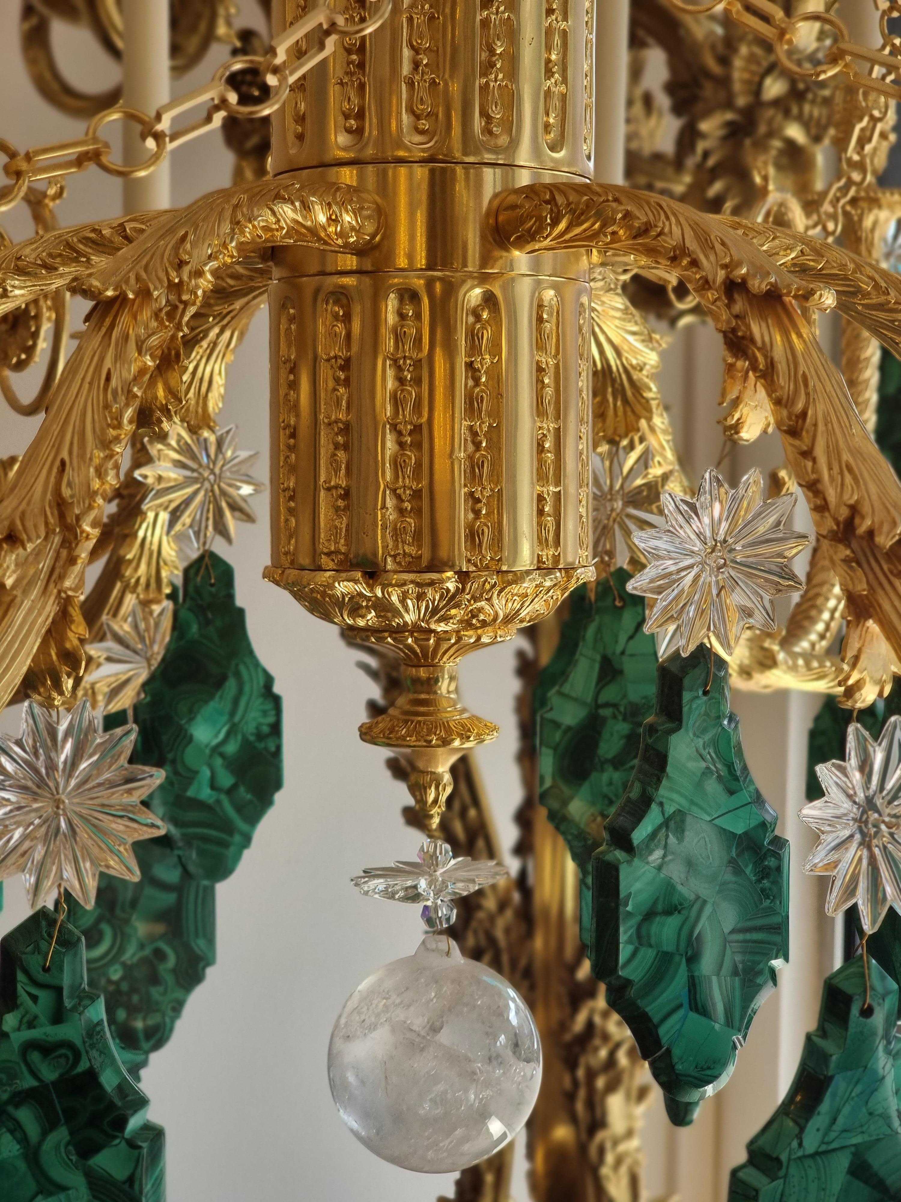 Malachite Pendants on Varennes Bronze Chandelier in 18 Carats Gold Finish 2