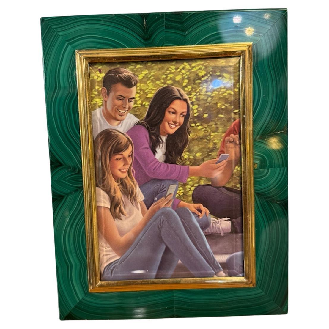 Malachite Picture Frame by Gorra, Gilt Metal, 1950s–1960s For Sale