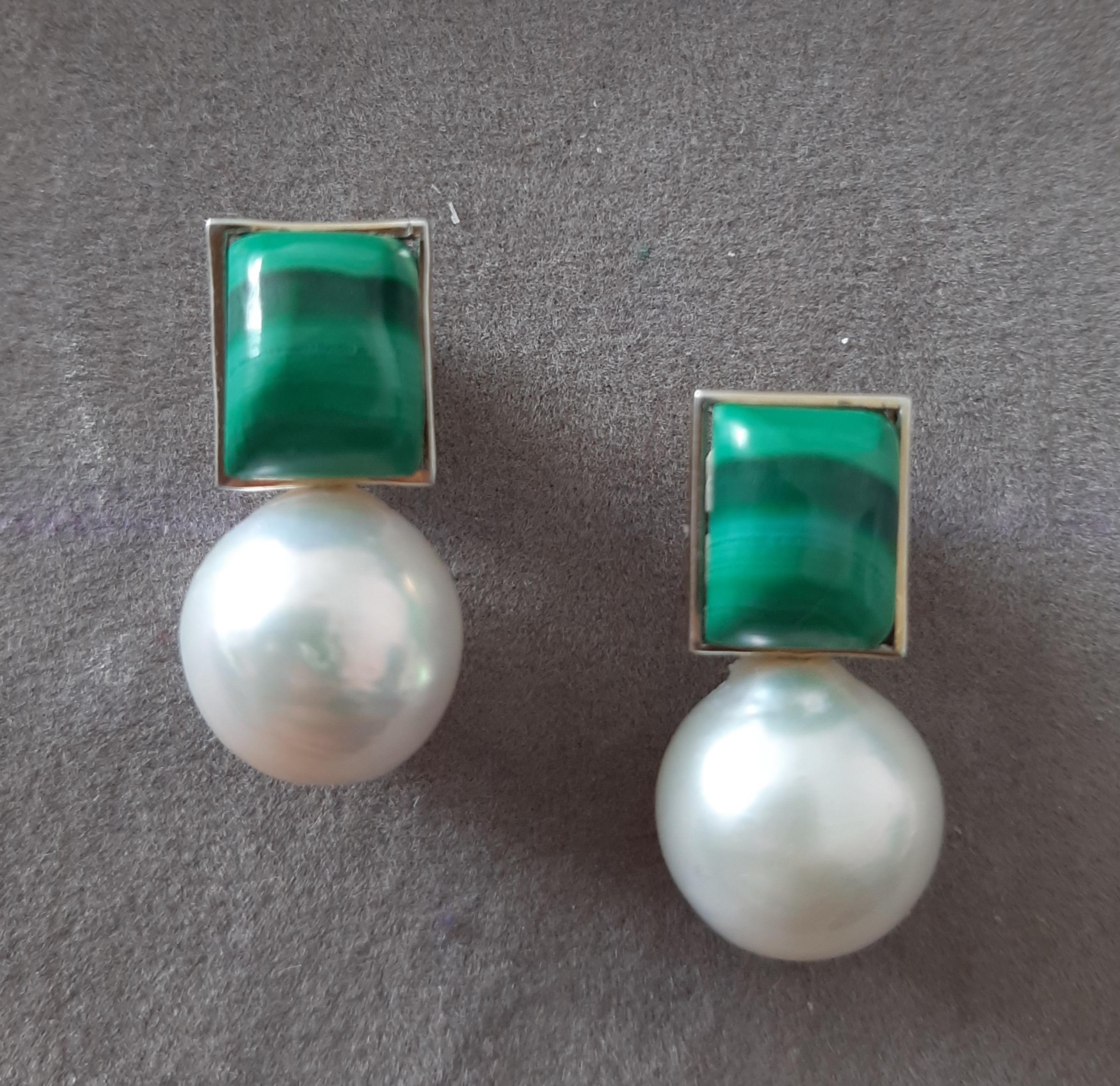 Orecchini rettangolari di malachite con perle bianche barocche in oro massiccio 14k in vendita 6