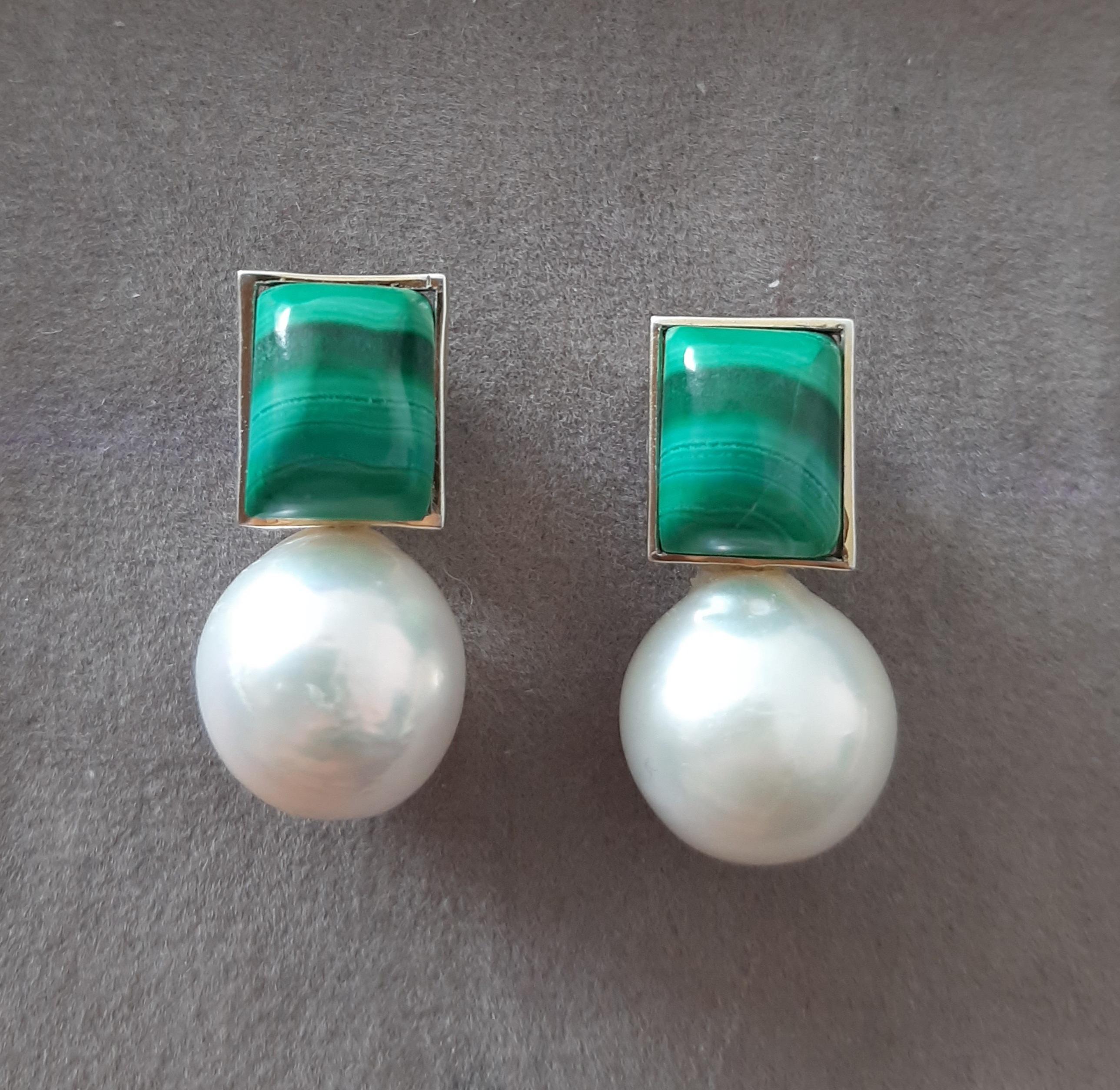 Orecchini rettangolari di malachite con perle bianche barocche in oro massiccio 14k in vendita 7